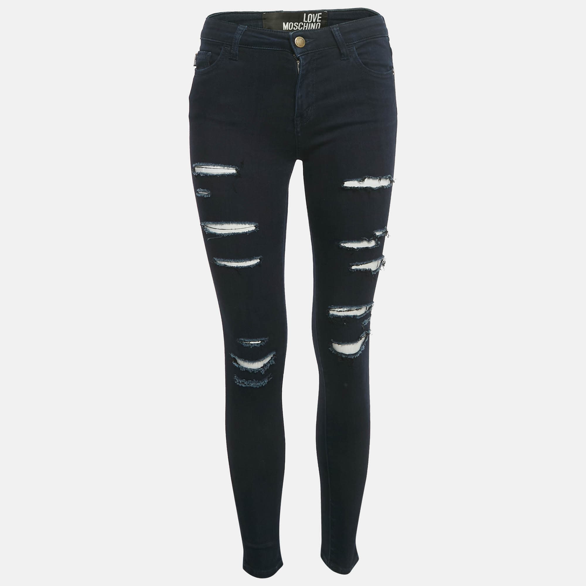 Love Moschino Dark Blue Distressed Denim Skinny Jeans S Waist 26"