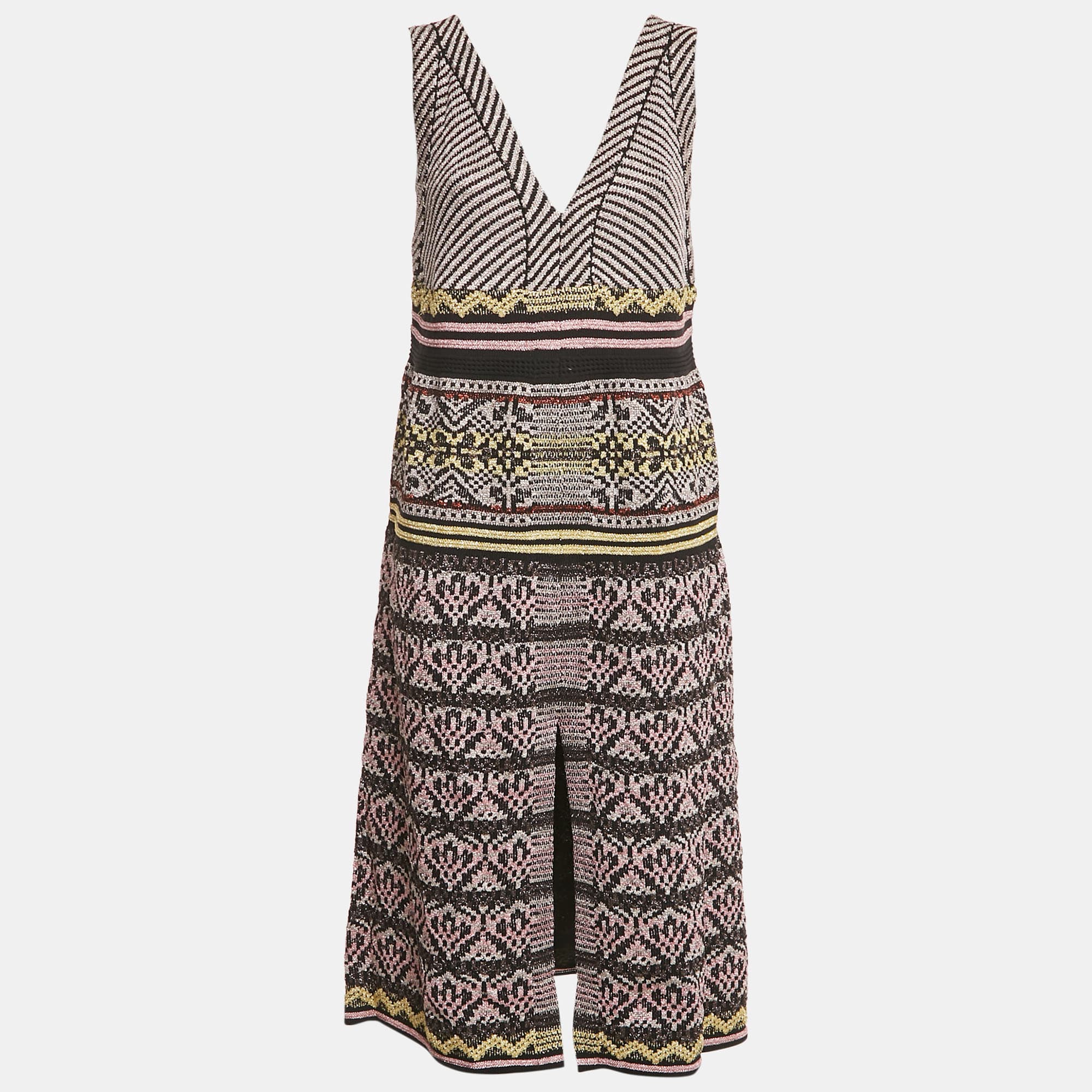 M Missoni Metallic Lurex Patterned Knit V-Neck Sleeveless Dress L