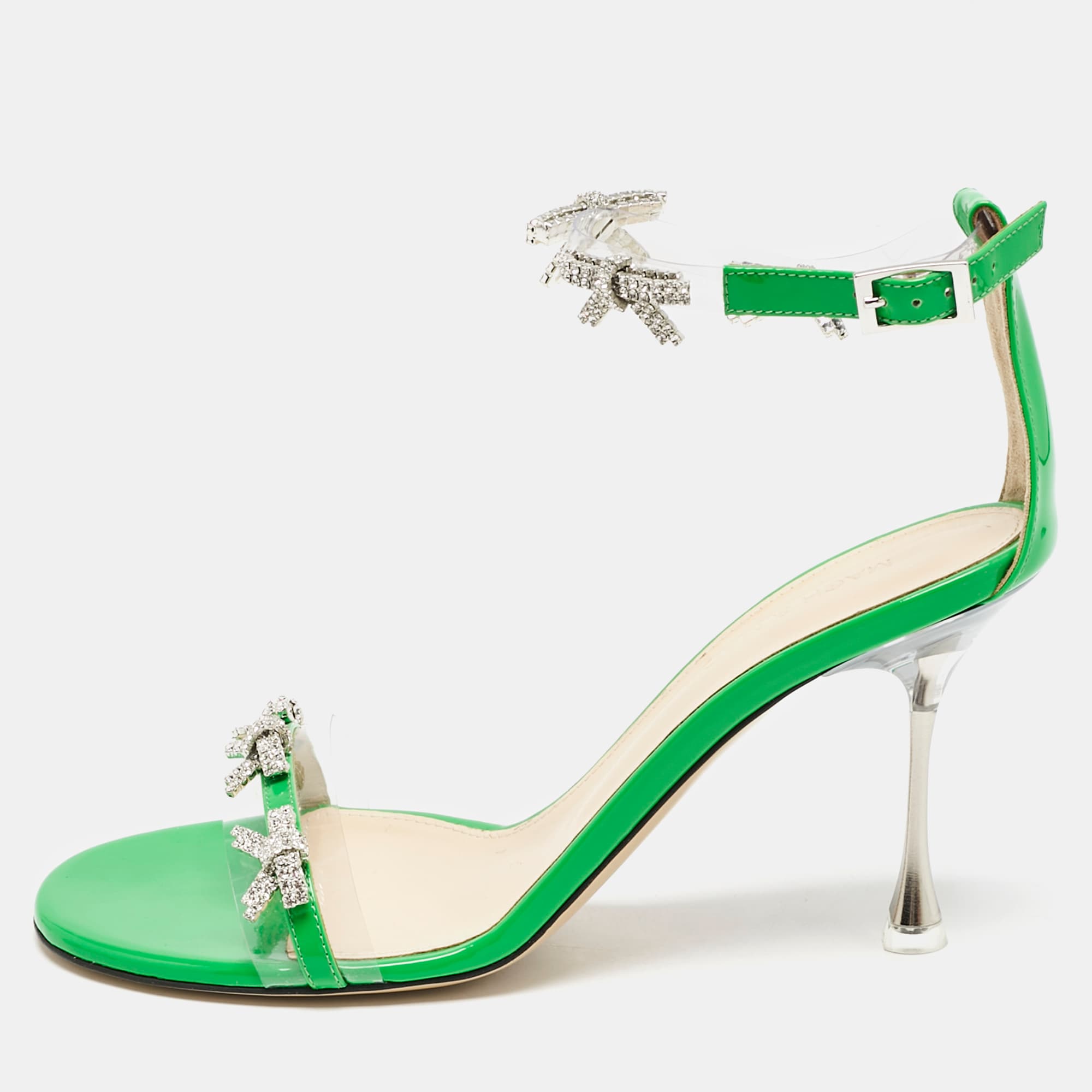 Mach & Mach Green Patent Leather and PVC Floating Crystal Bow Sandals Size 38.5