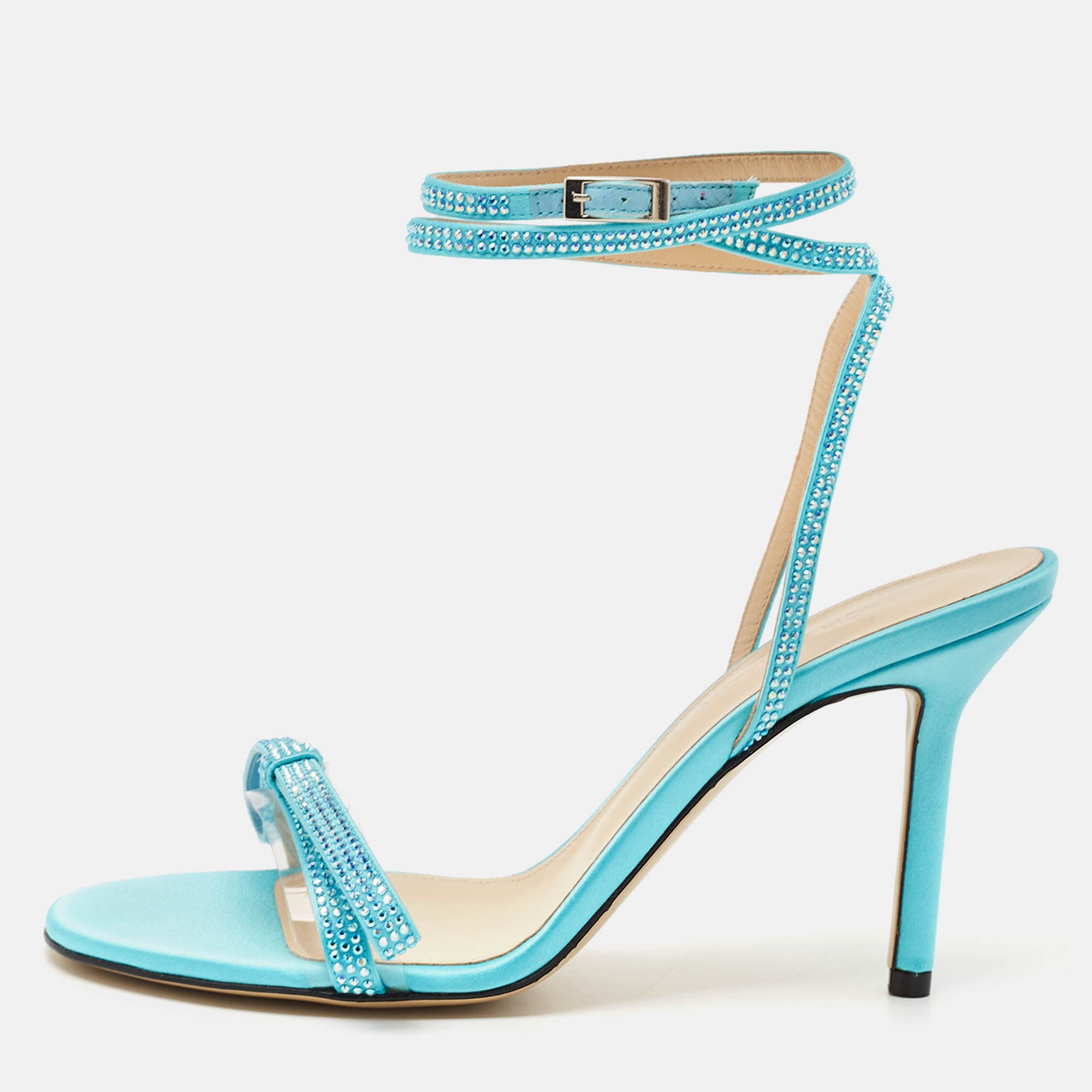 Mach & Mach French Bow Size 38 Blue PVC and Satin Ankle Strap Sandals