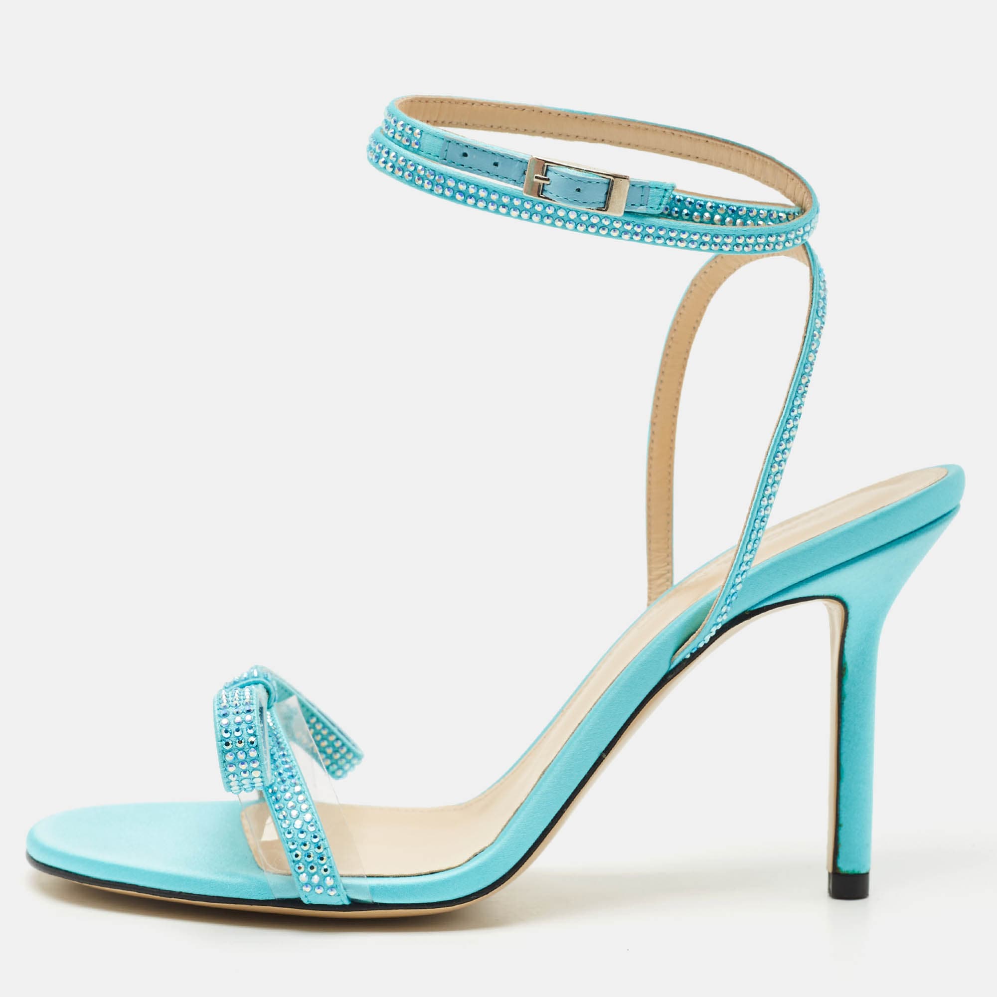 Mach & Mach French Bow Size 37.5 Blue PVC and Satin Ankle Strap Sandals