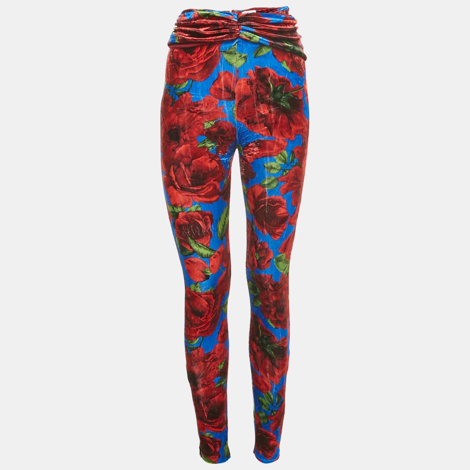 Magda Butrym Multicolor/Red Rose Print Velvet Drape Detail Leggings S