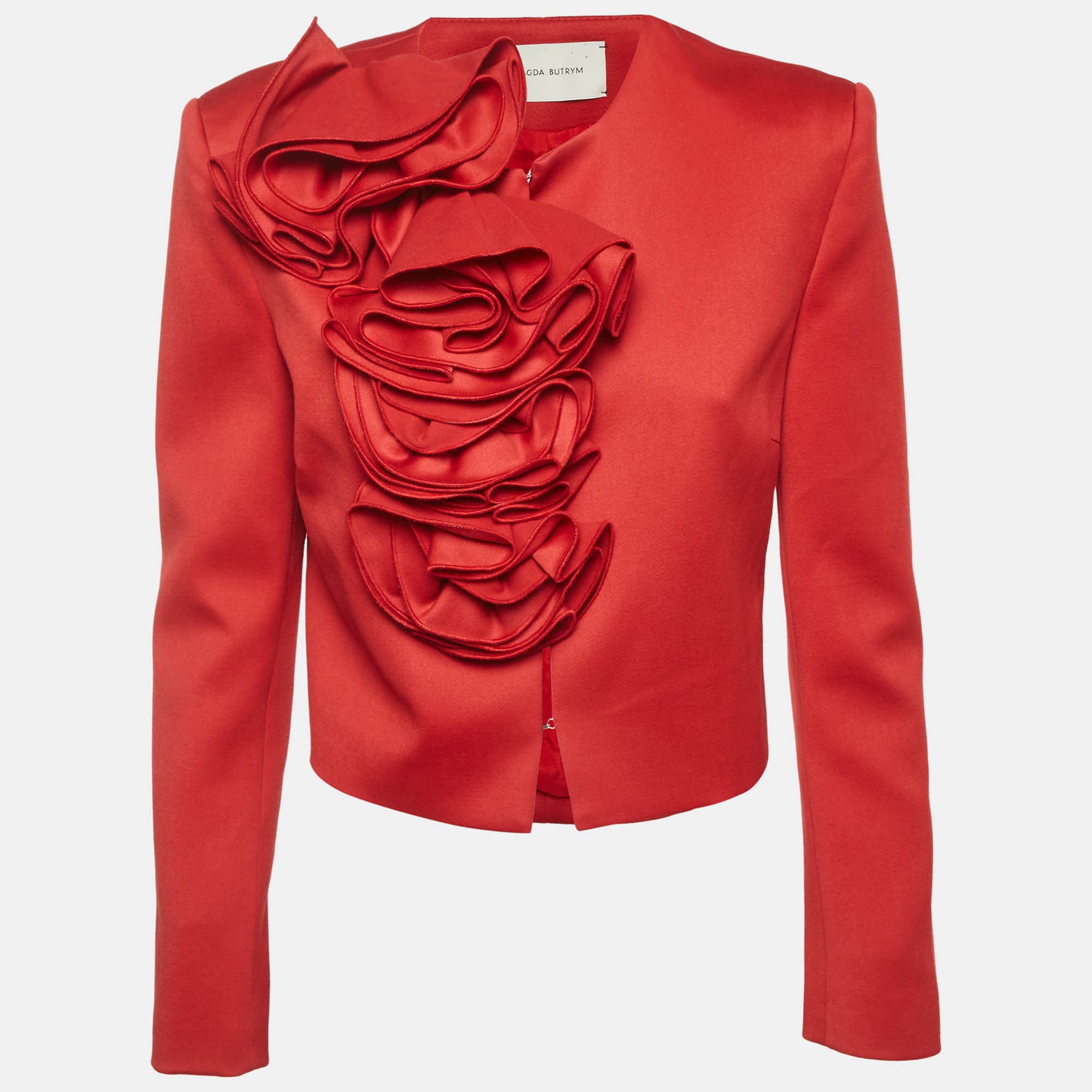 Magda Butrym Red Floral Applique Detail Wool Cropped Jacket S