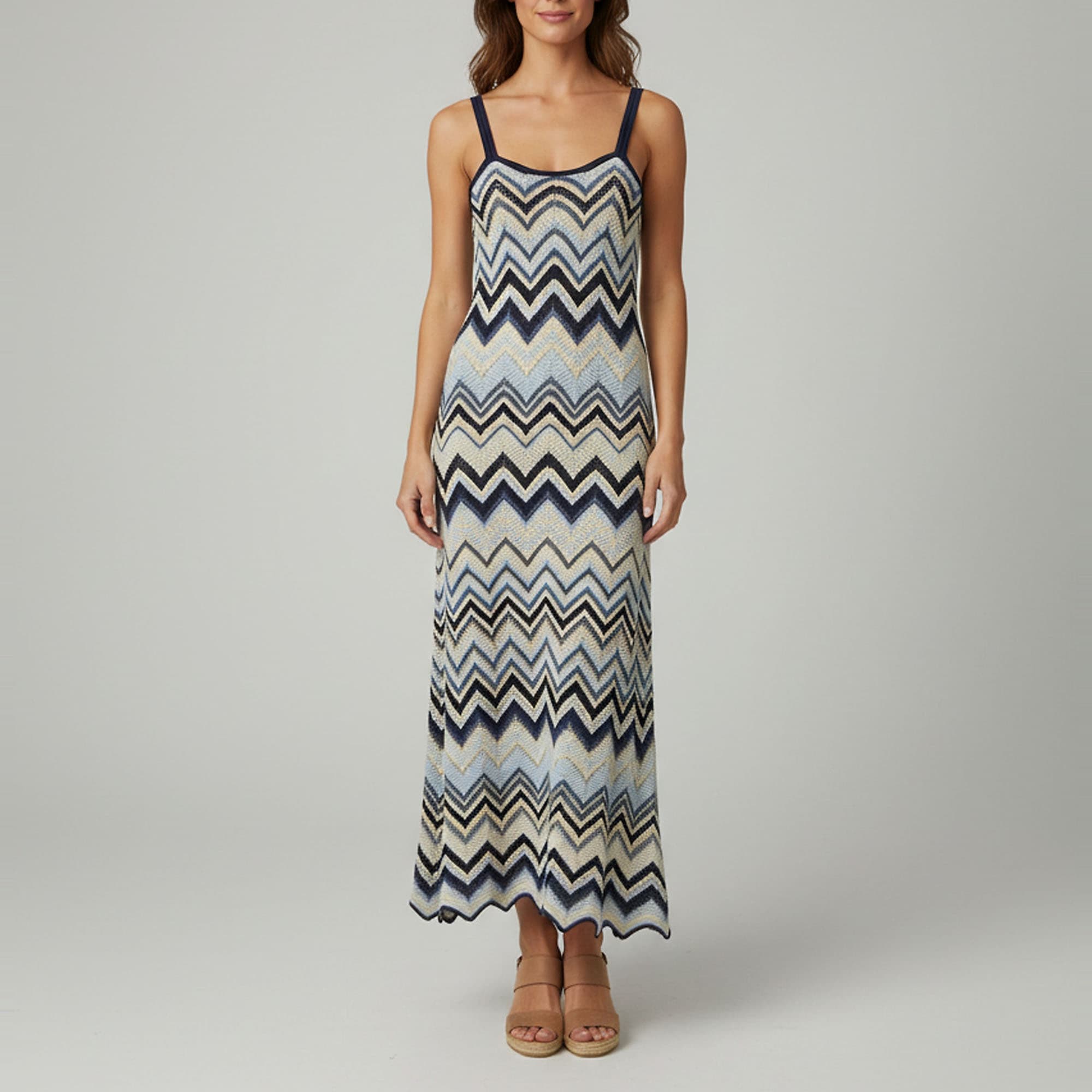 Maje Blue Metallic Chevron Crochet Knit Maxi Dress M