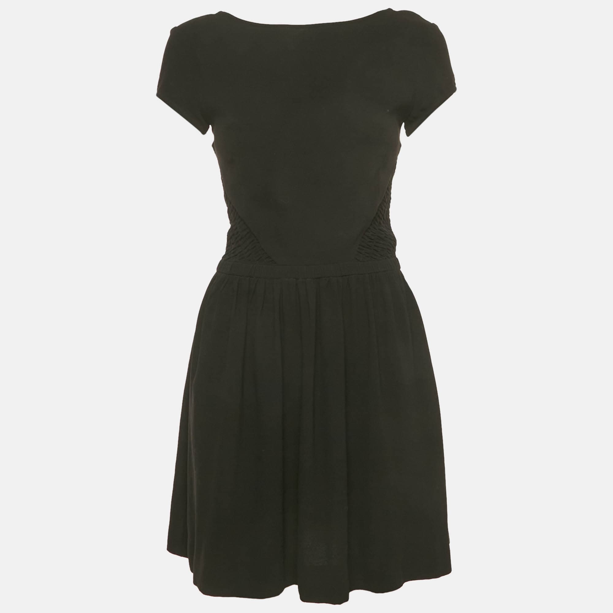 Maje Black Crepe Smocked Mini Dress M