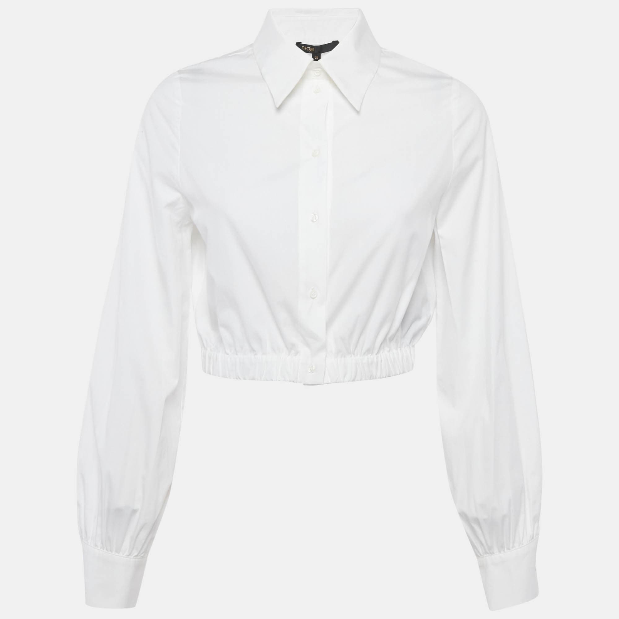 Maje White Cotton Button Front Crop Shirt S