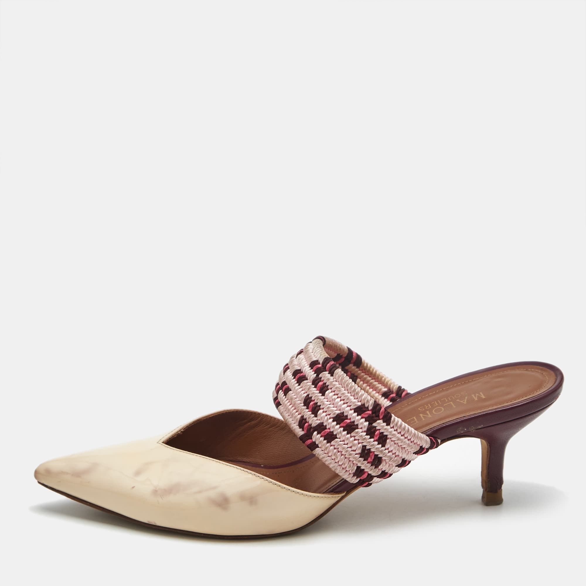 Malone Souliers Cream Leather and Patent Leather Maisie Mules Size 36.5