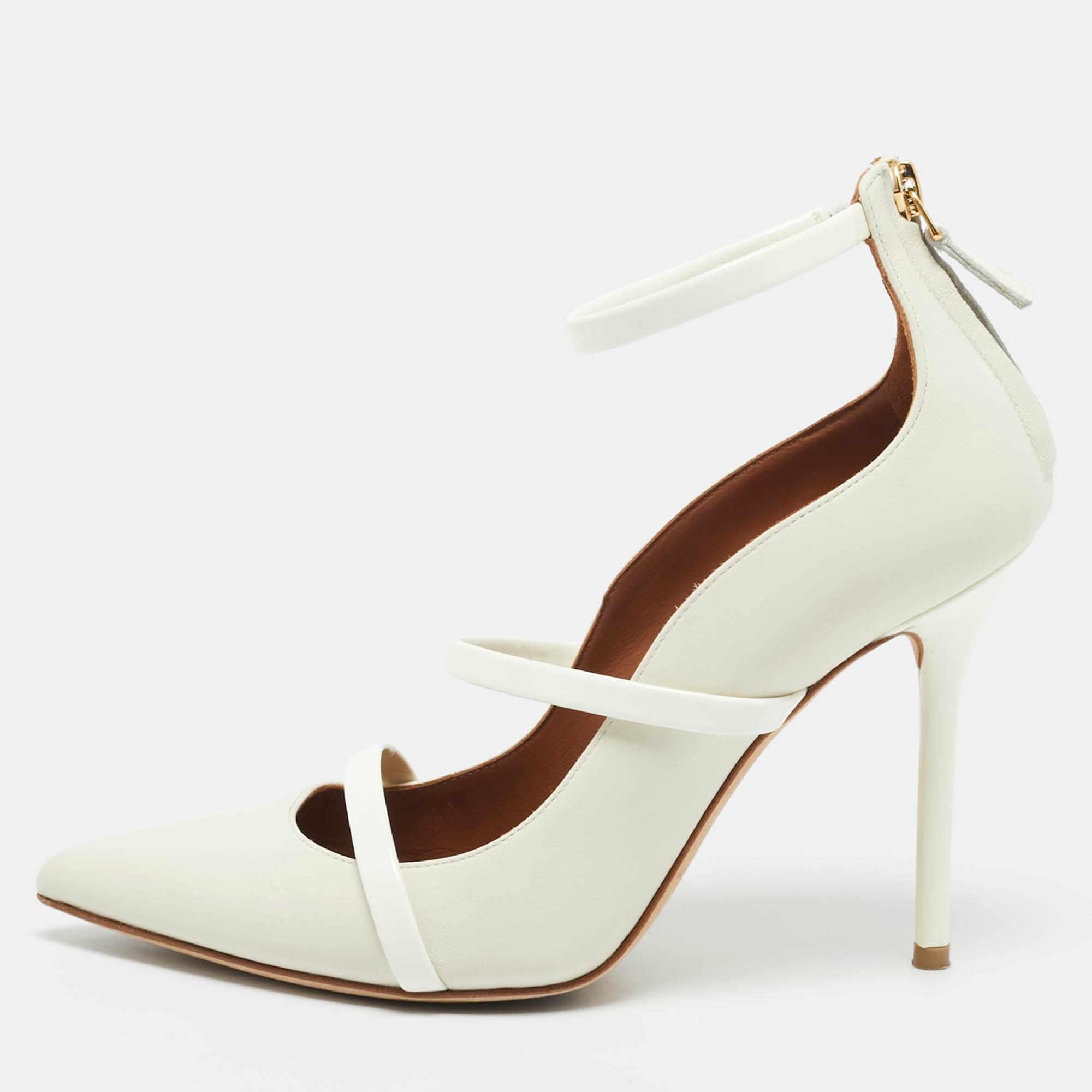 Malone Souliers Robyn Size 37 Cream Leather and Patent Ankle Strap Pumps