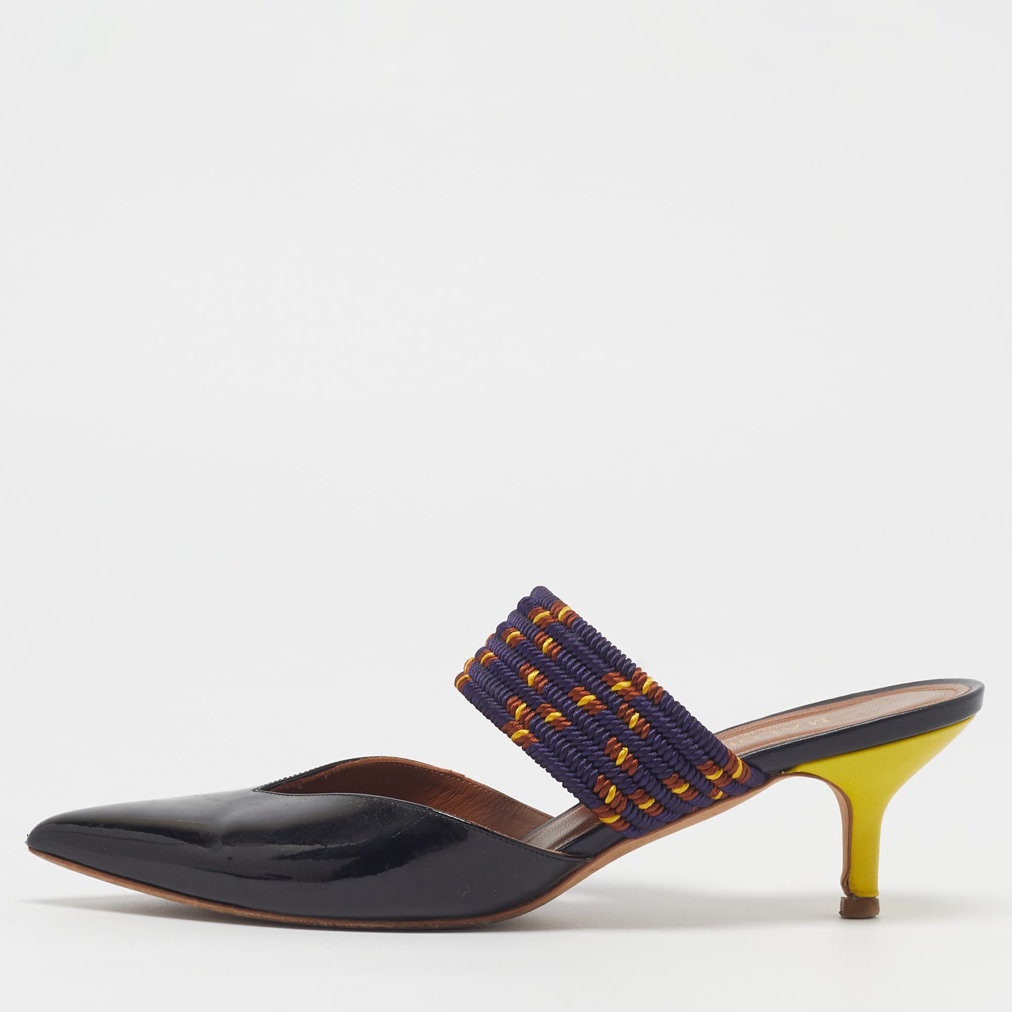 Malone Souliers Maisie Size 38.5 Black/Navy Blue Cord and Patent Leather Mules