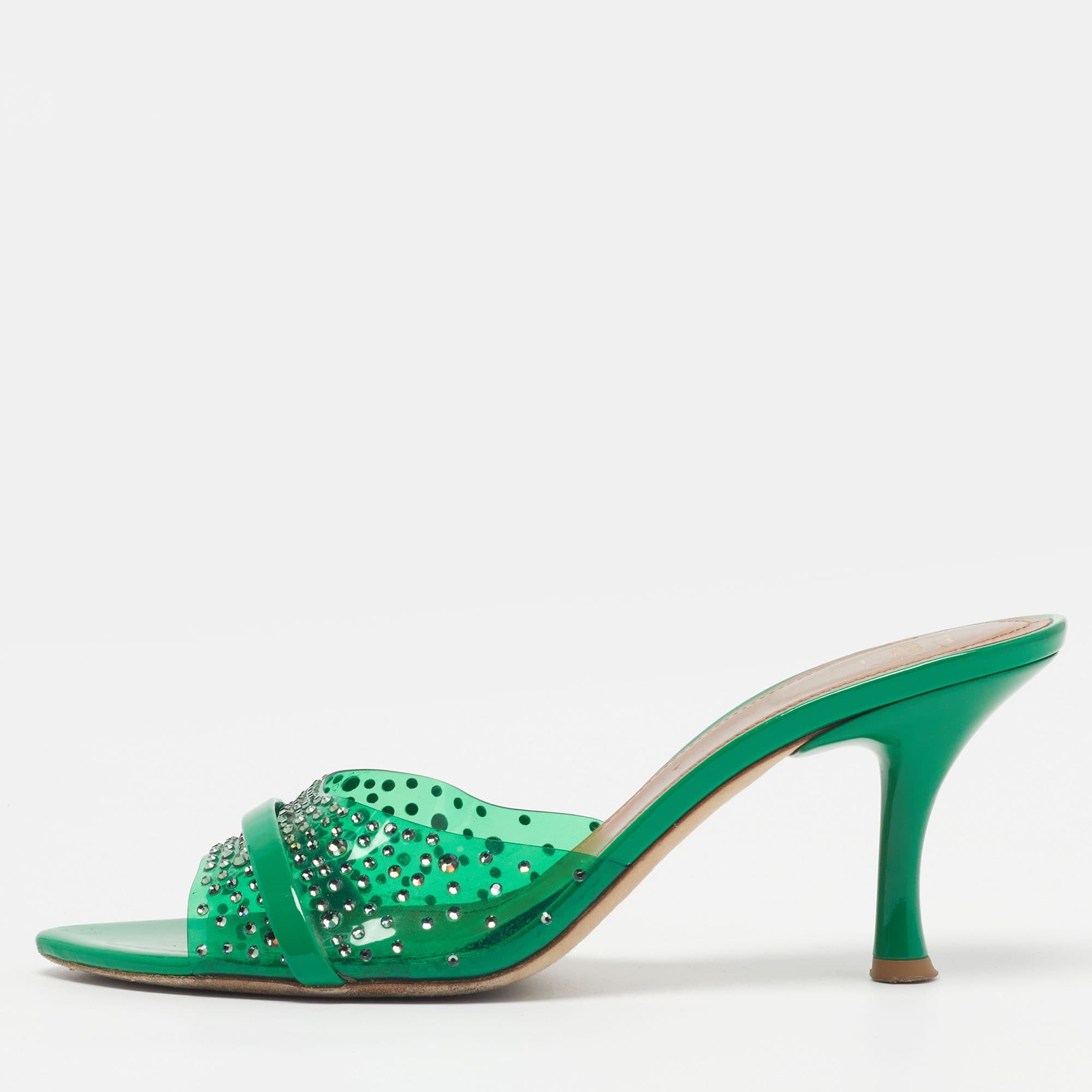 Malone Souliers Julia Size 39 Green PVC and Patent Leather Crystal Embellished Mules