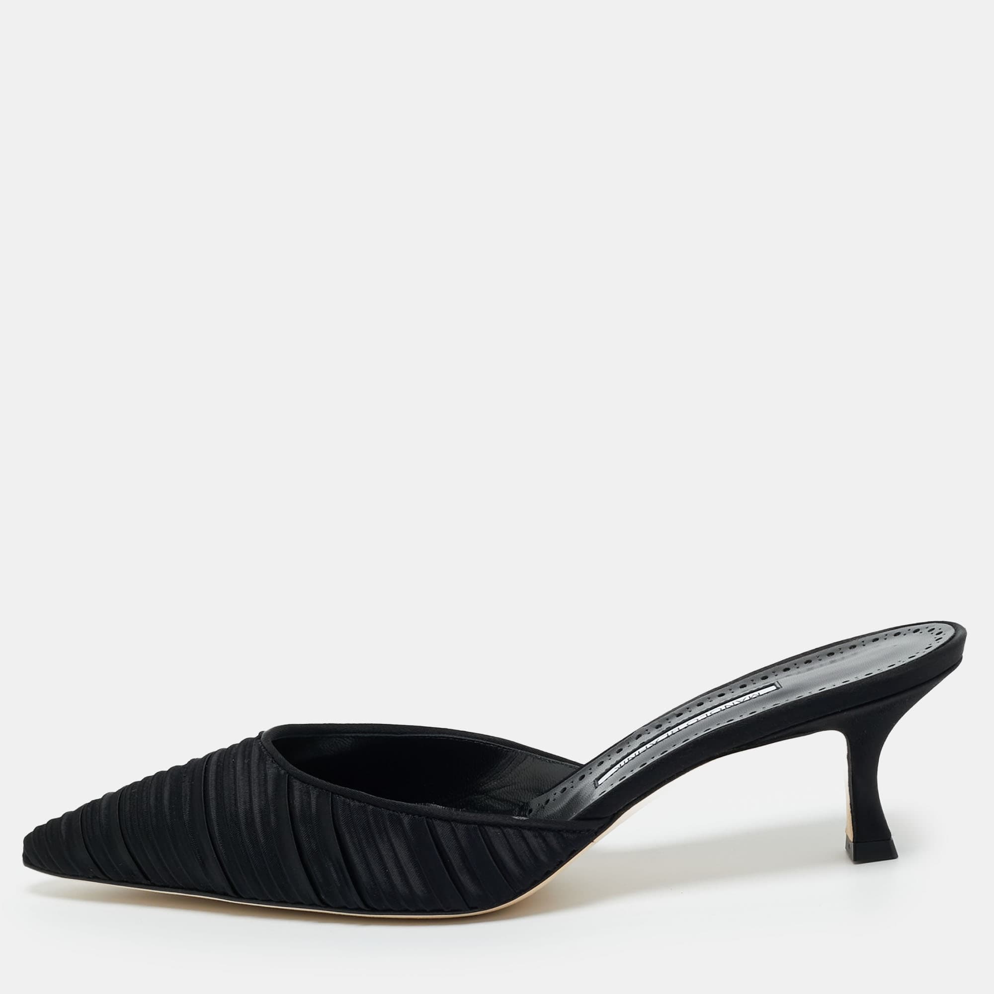 Manolo Blahnik Black Satin Carolynemu Mules Size 42