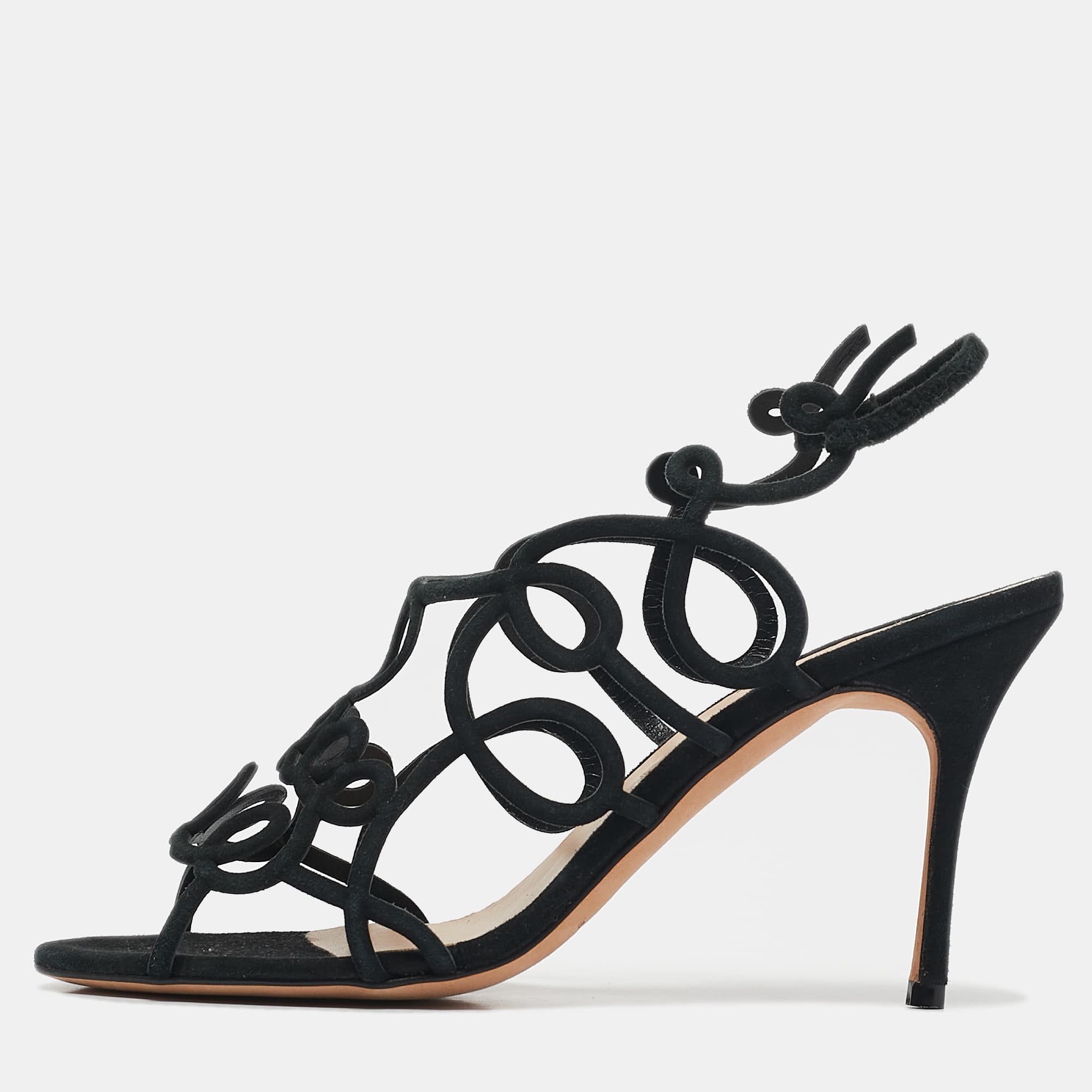 Manolo Blahnik Black Suede Slingback Sandals Size 37.5