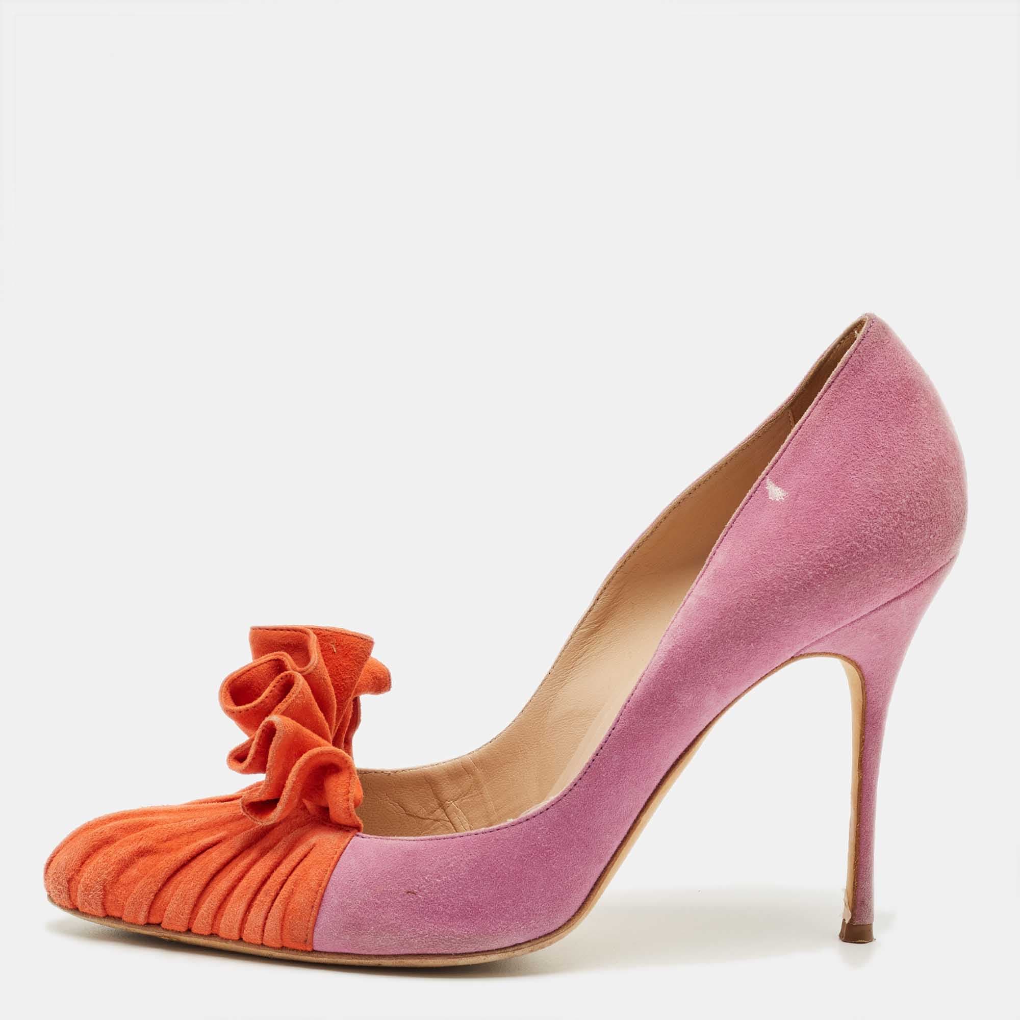 Manolo Blahnik Purple/Orange Suede Ruffle Pumps Size 39.5