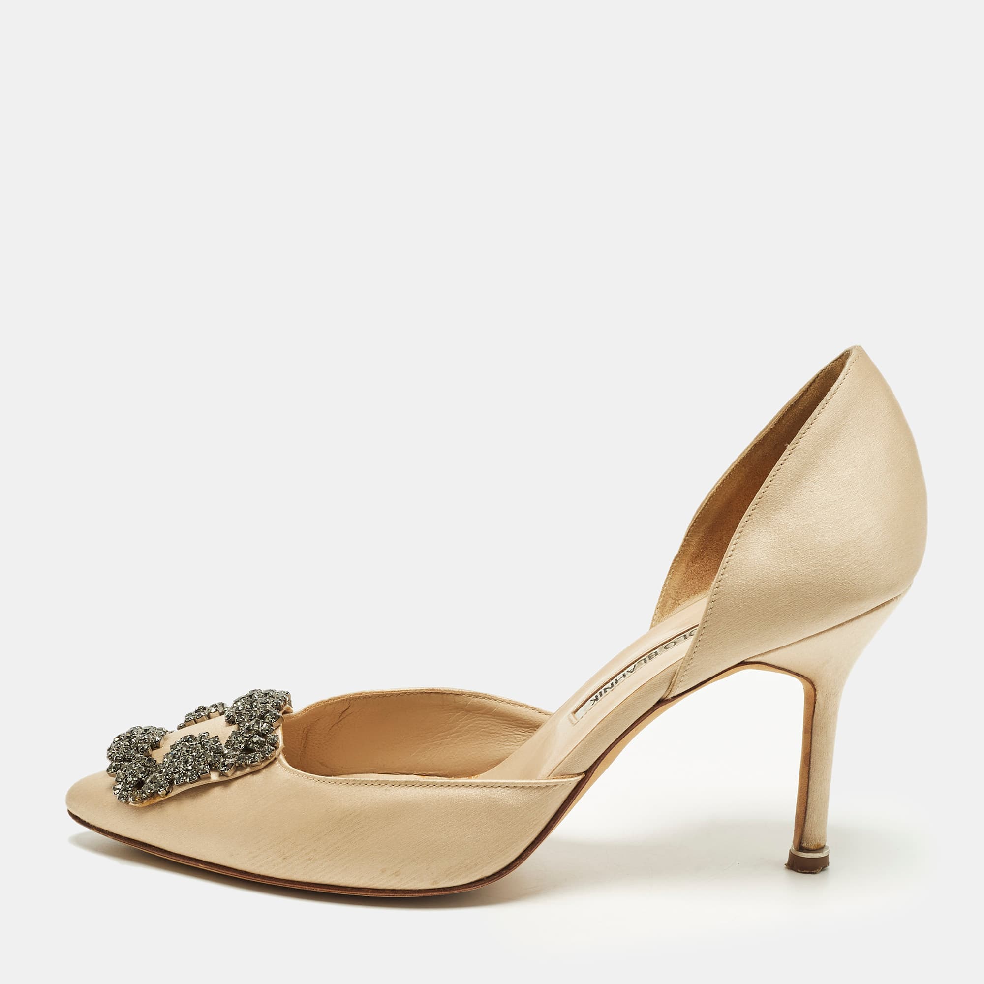 Manolo Blahnik Hangisi Size 37.5 Beige Satin D'orsay Pumps