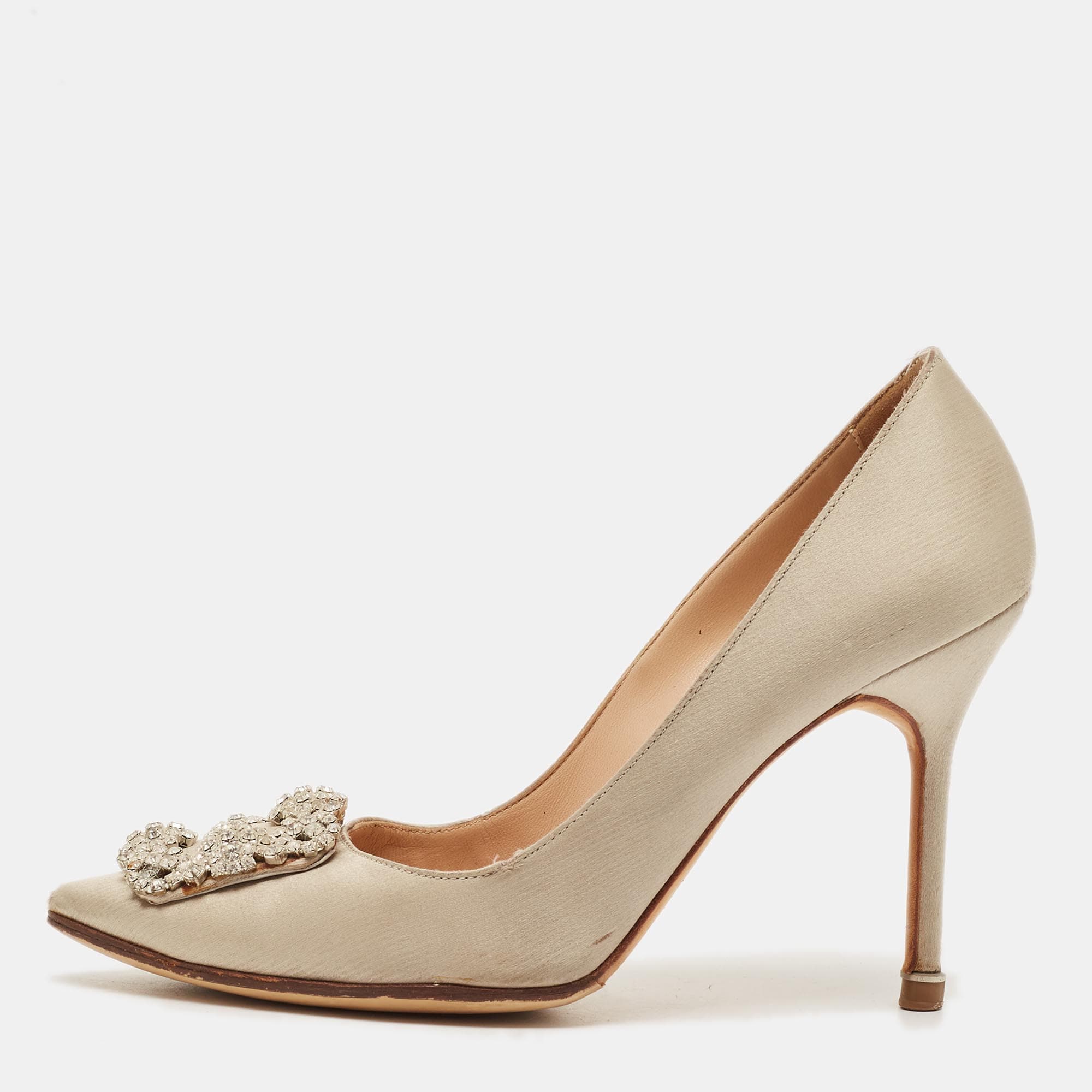 Manolo Blahnik Hangisi Size 37.5 Grey Satin Pumps
