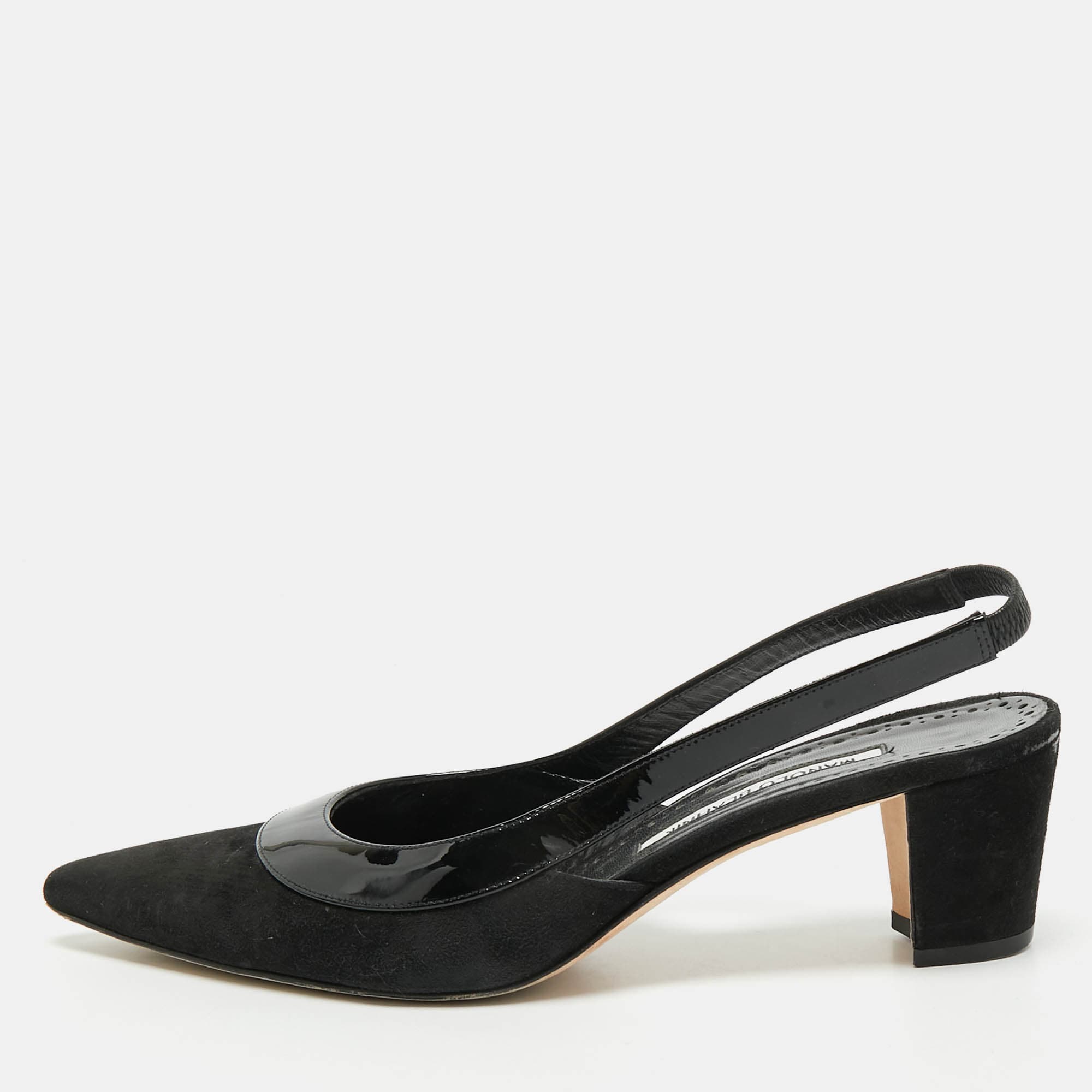 Manolo Blahnik Size 41 Black Suede and Patent Slingback Pumps