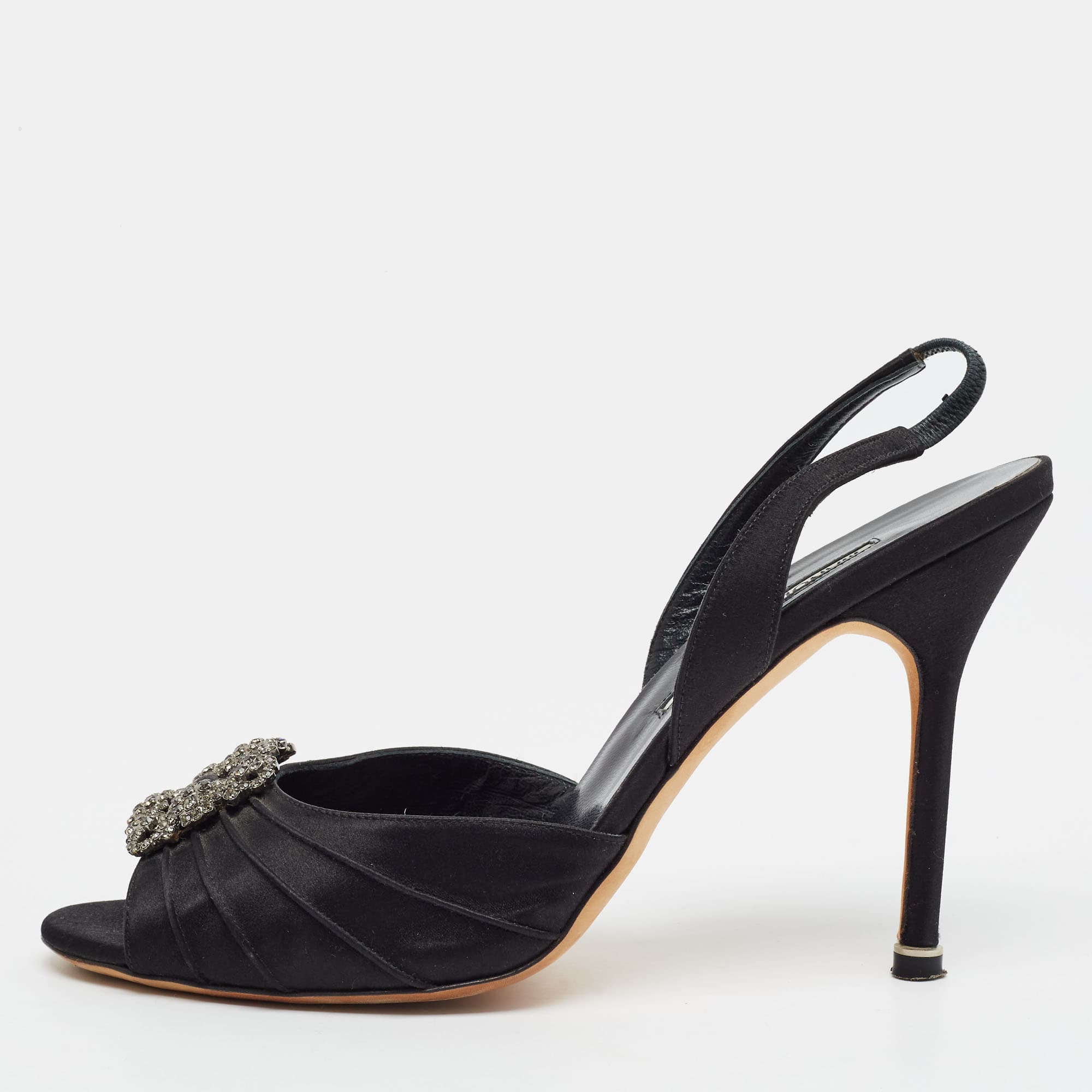 Manolo Blahnik Cassia Size 39.5 Black Satin Slingback Sandals