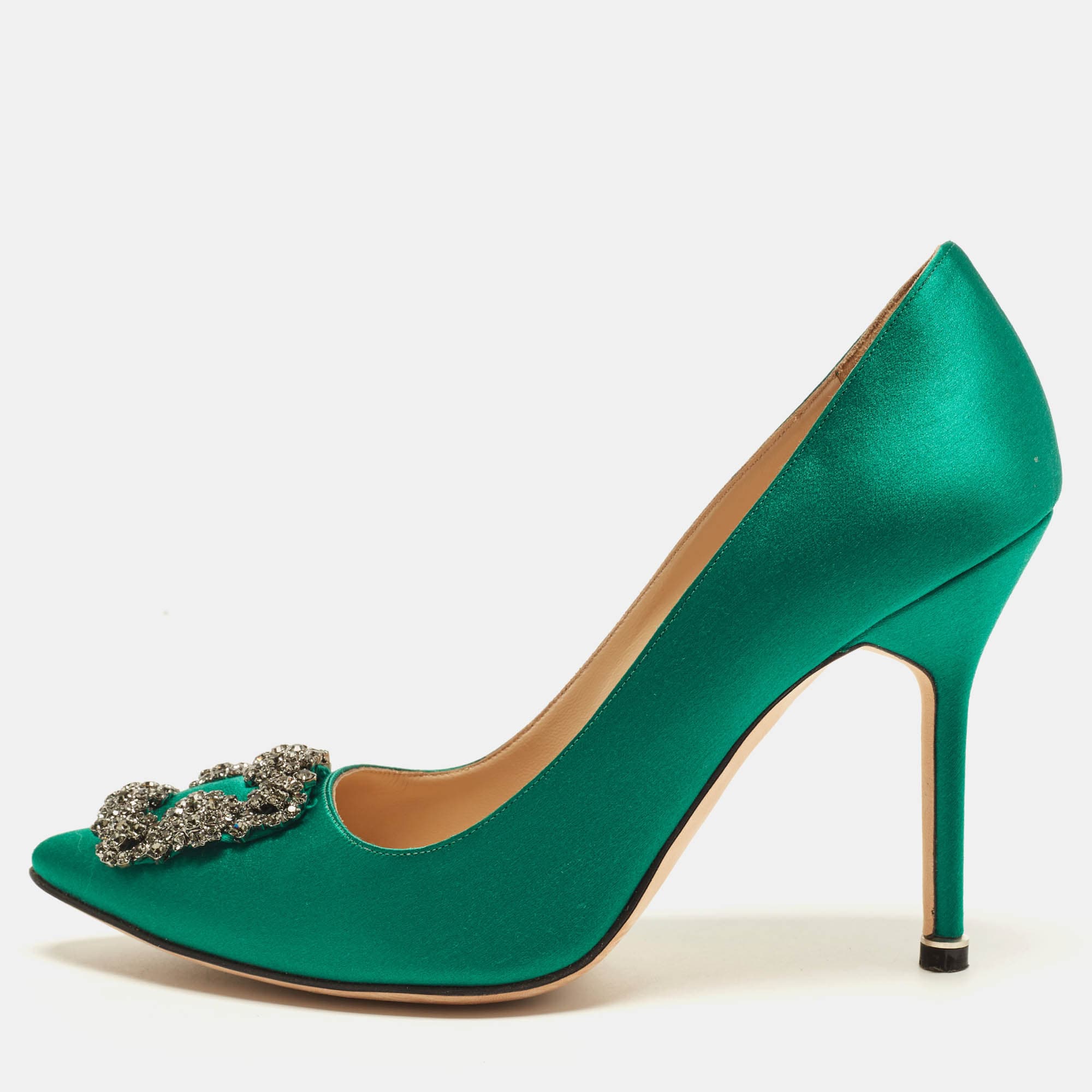 Manolo Blahnik Hangisi Size 38.5 Green Satin Pumps