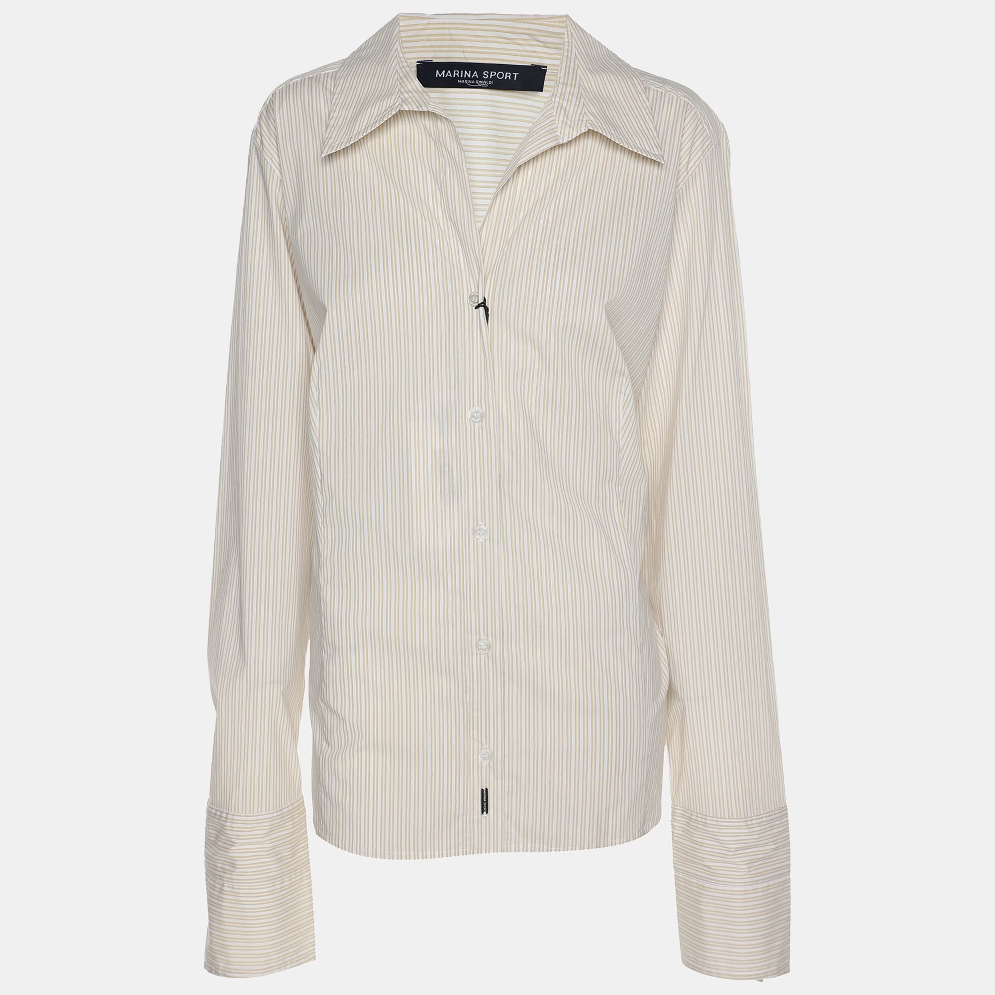 Marina Sport by Marina Rinaldi Beige Stripe Cotton Blend Long Sleeve Shirt L