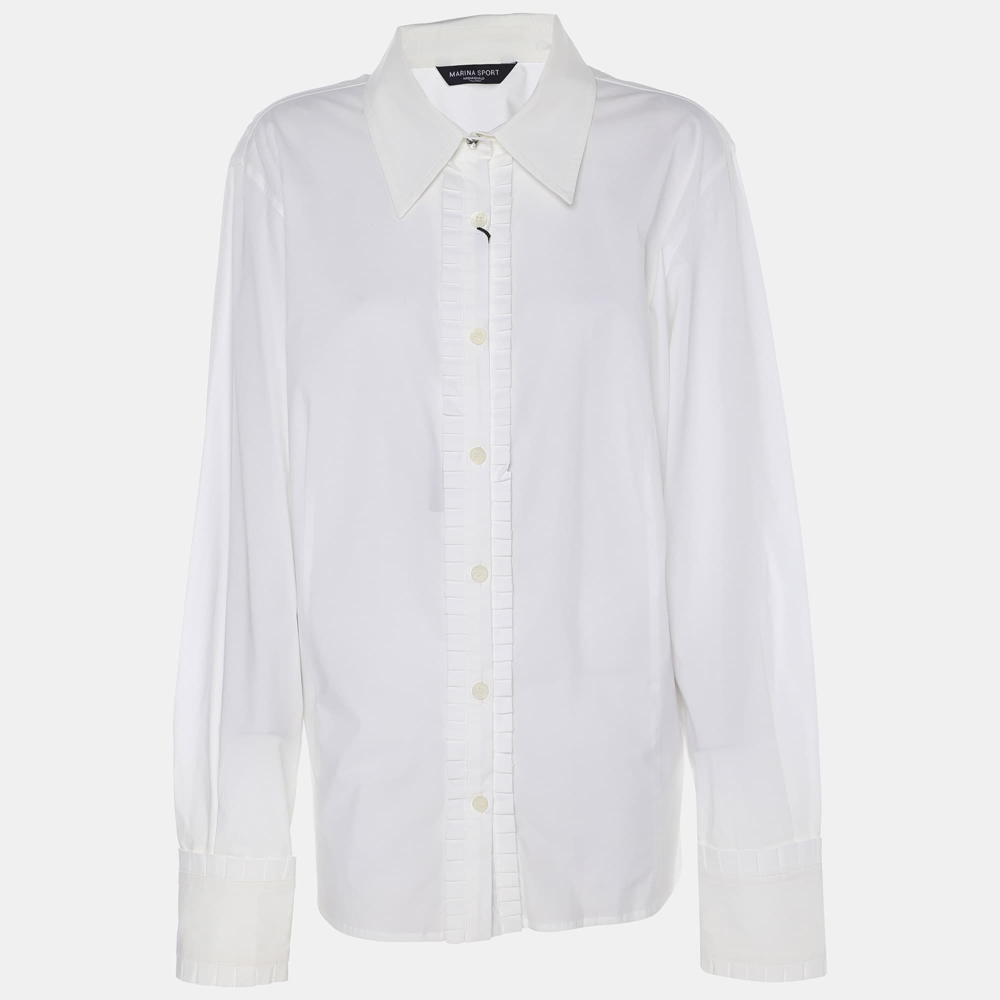 Marina Sport by Marina Rinaldi White Stretch Cotton Pleated Front Long Sleeve Shirt L