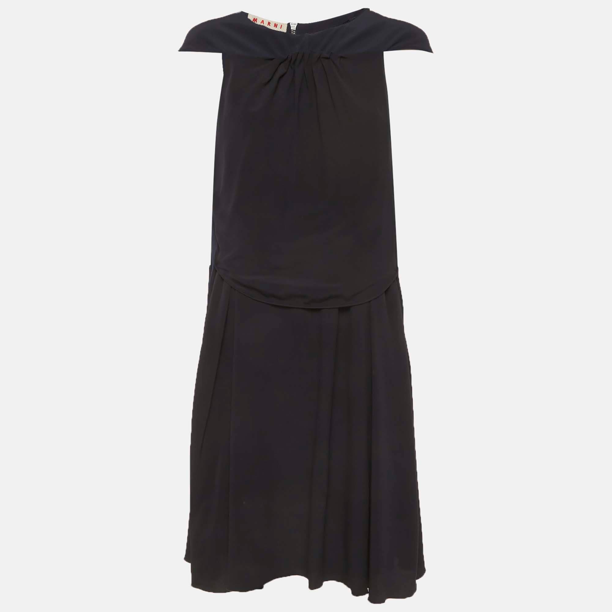 Marni Navy Blue/Black Crepe Tiered Dress S