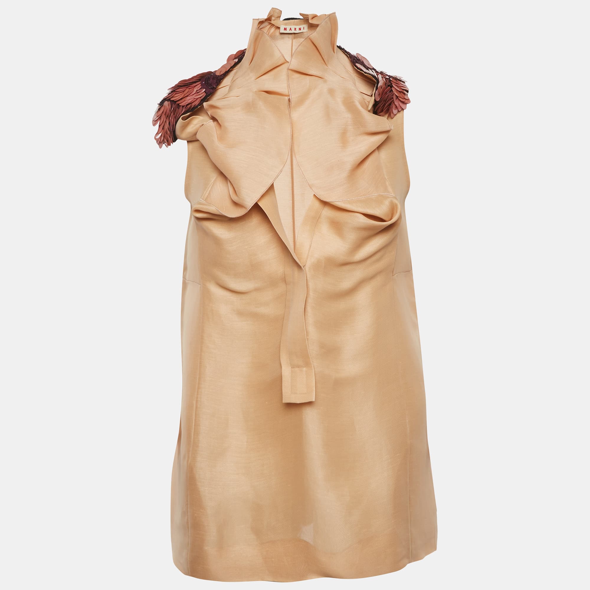 Marni Light Orange Silk Blend Embellished Ruffle Top S