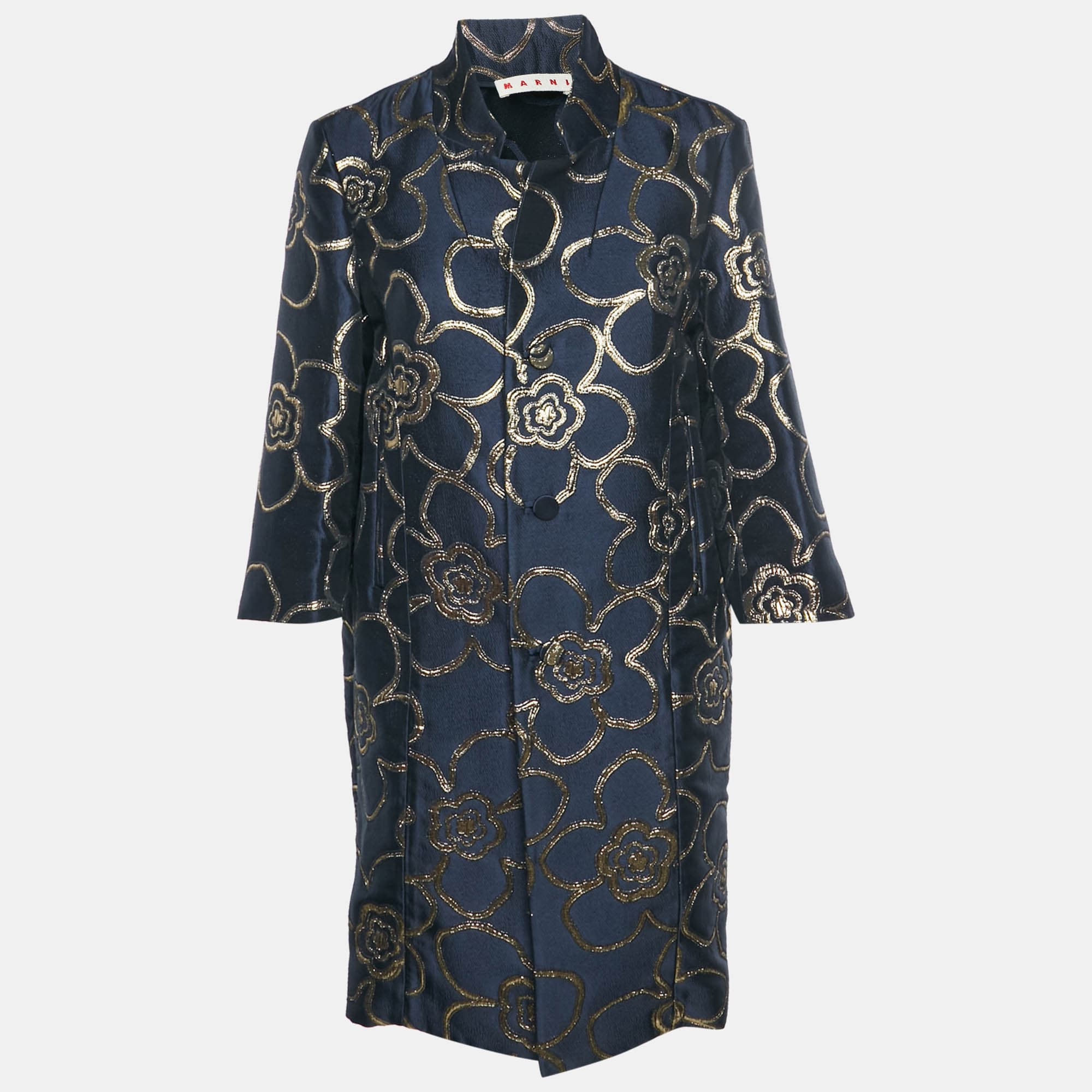 Marni Navy Blue/Gold Metallic Floral Jacquard Overcoat M