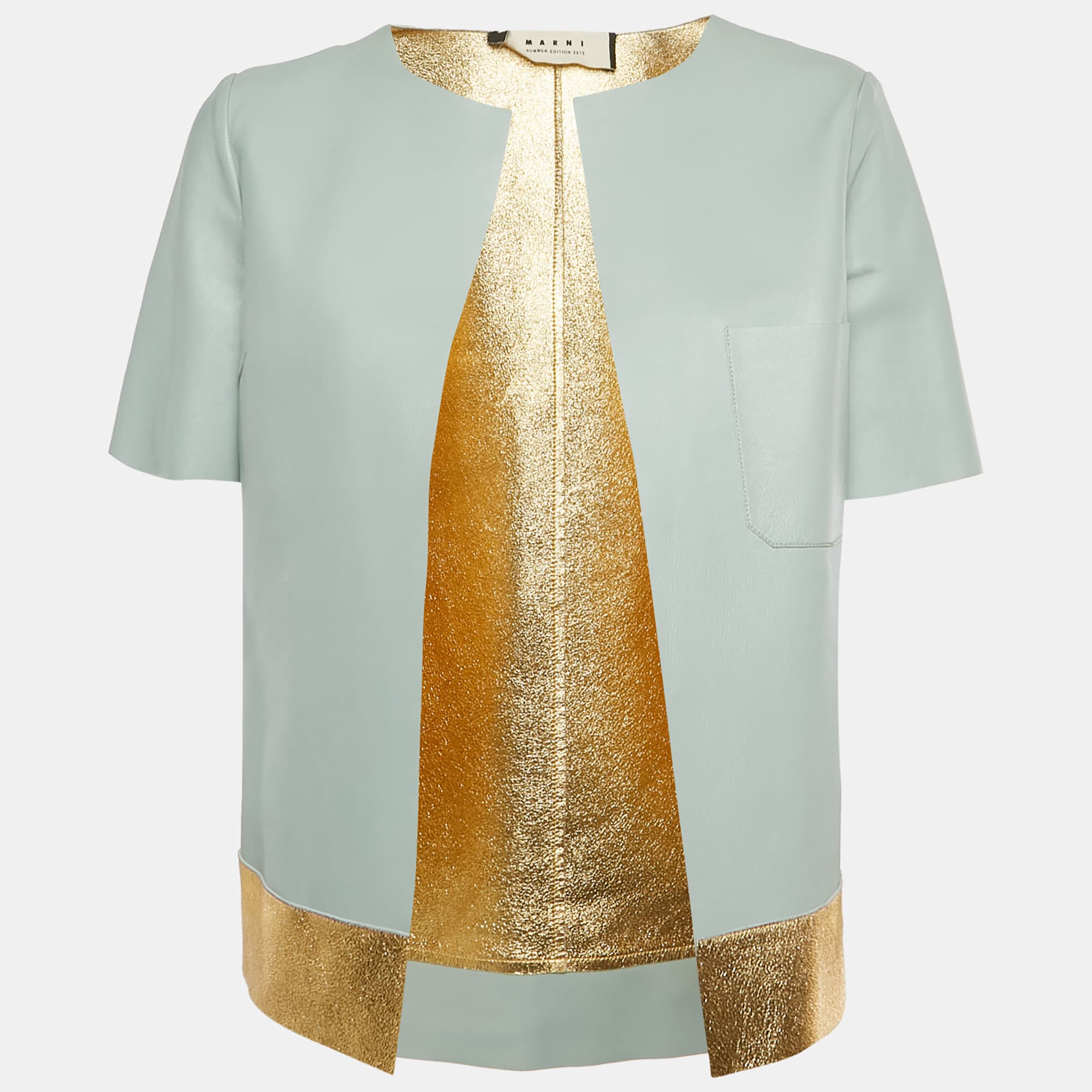 Marni Aqua/Metallic Gold Leather Open Front Jacket S