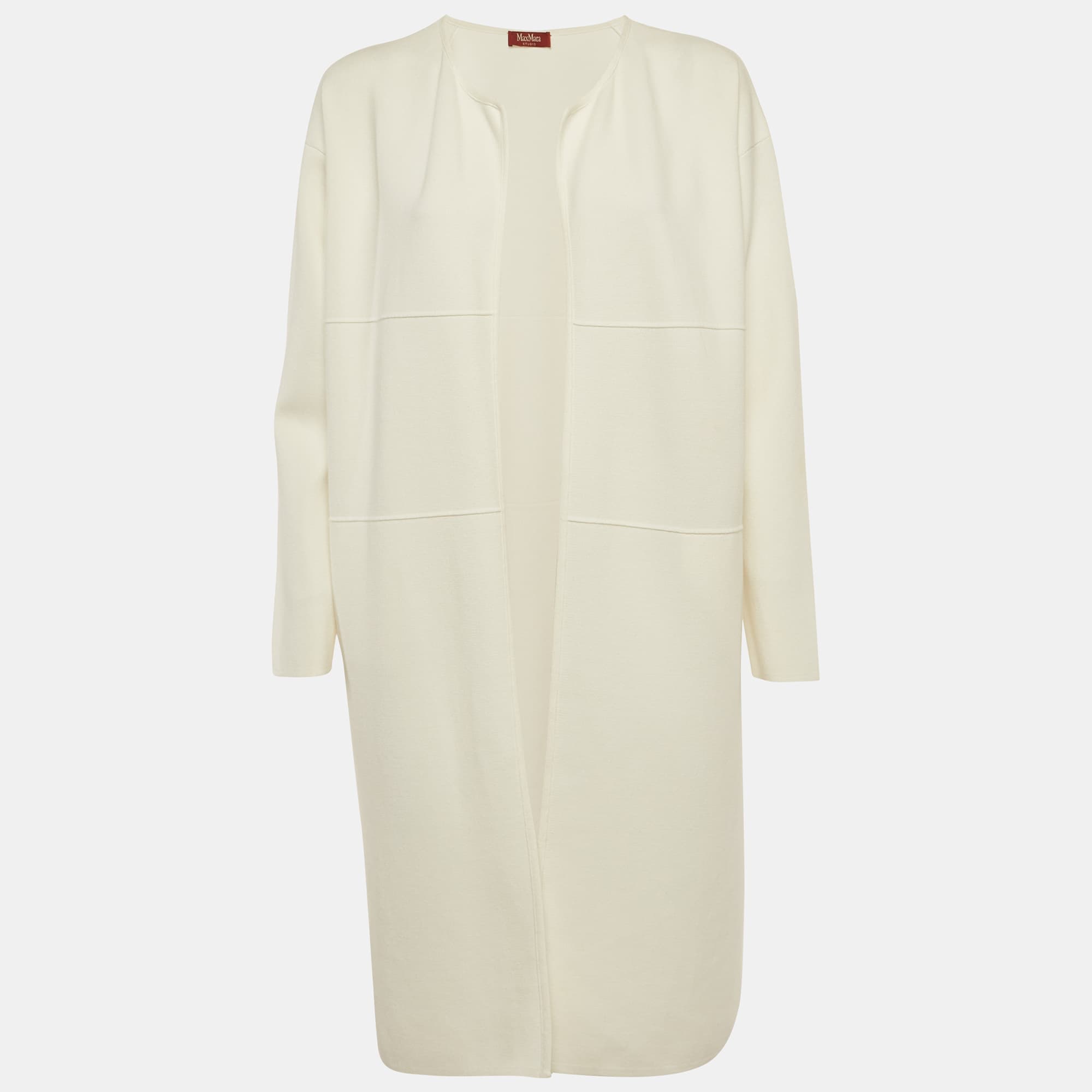Max Mara Studio White Stretch Knit Open Front Long Cardigan S