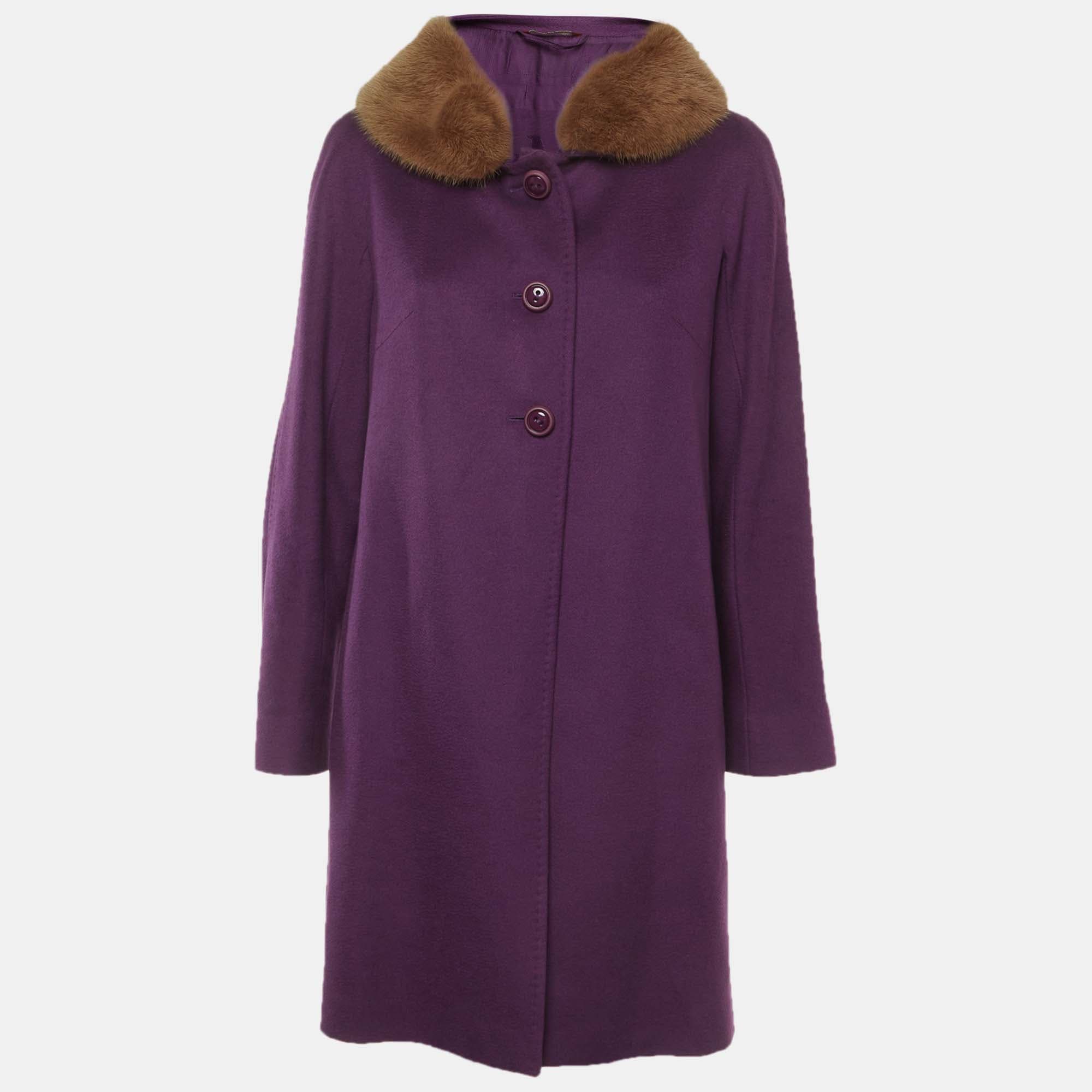Max Mara Studio Purple Wool and Fur Detail Mid-Length Coat M