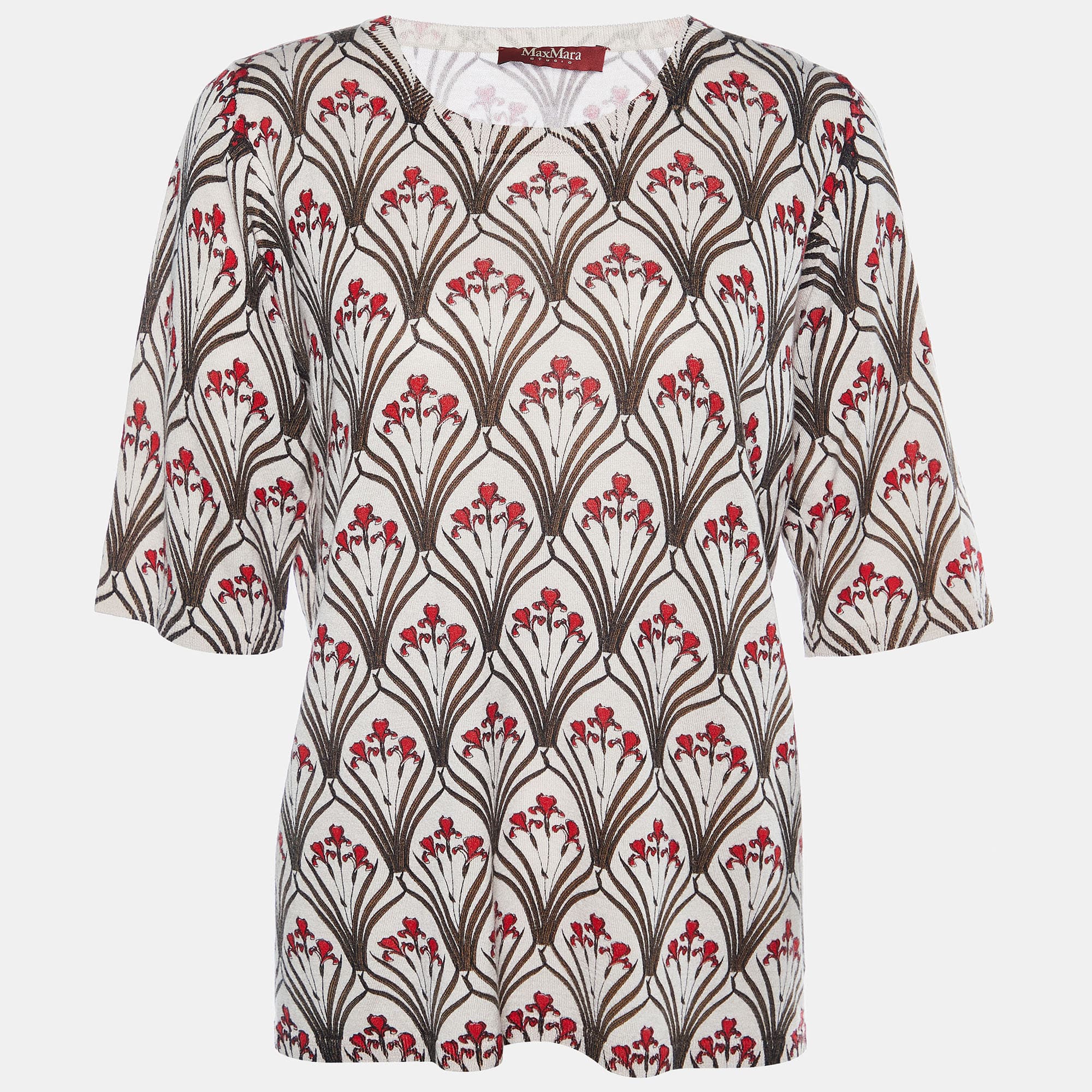 Max Mara Studio Beige Floral Print Wool & Silk Knit Top XL
