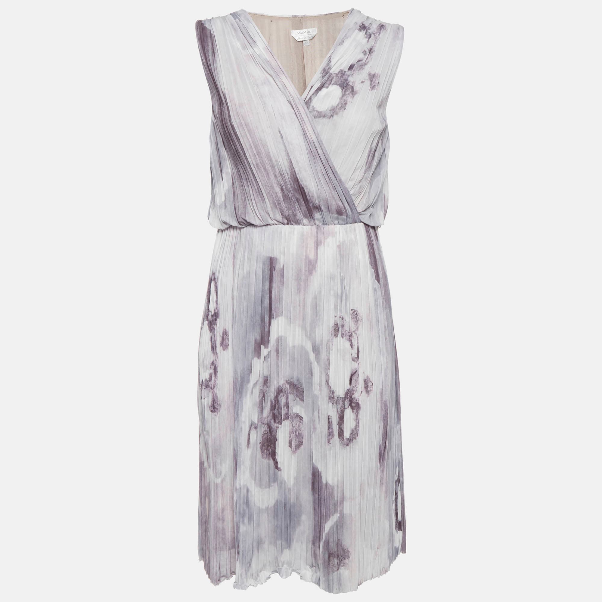 Max Mara Grey Printed Plisse Midi Dress M