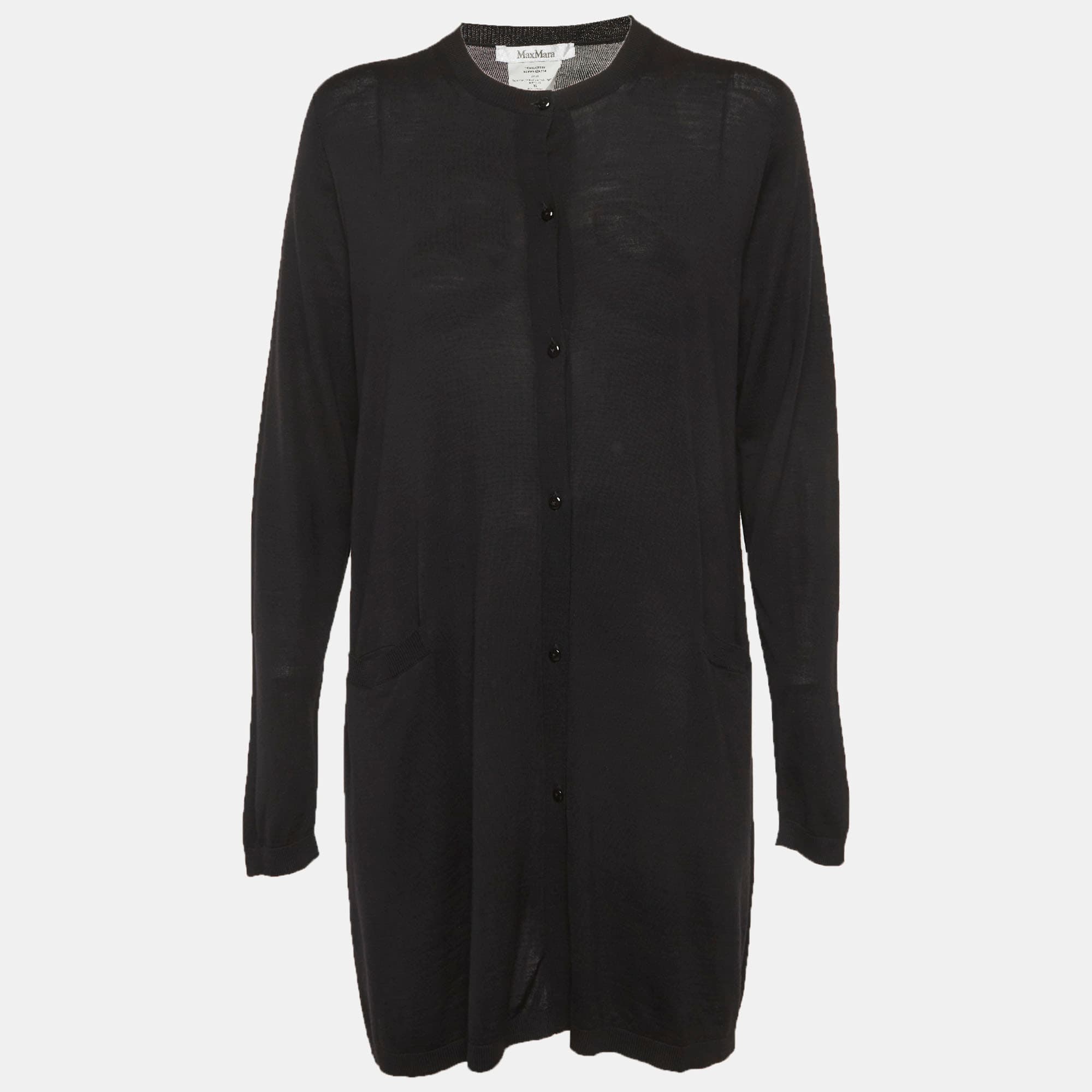 Max Mara Black Wool Knitted Long Cardigan XL