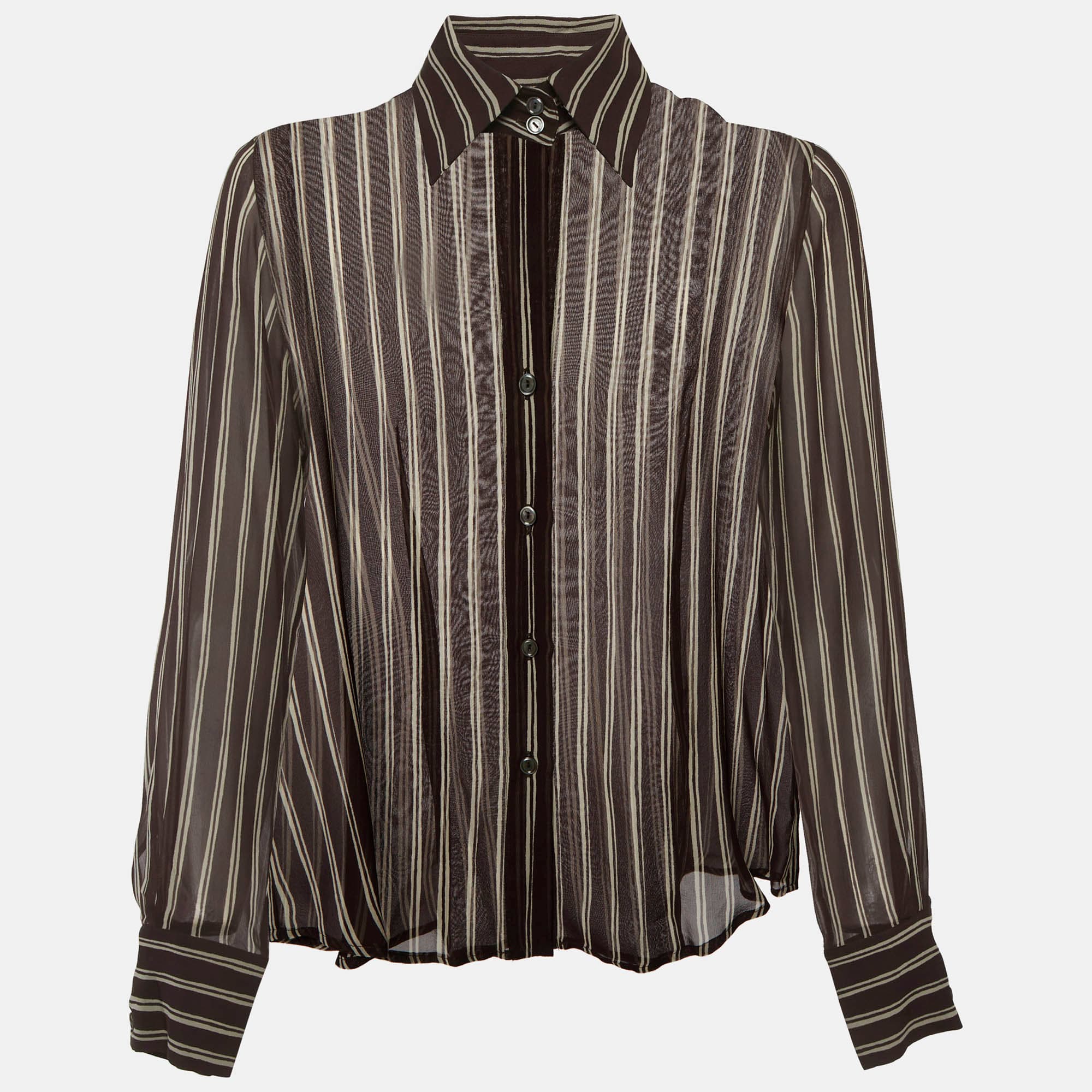 Max Mara Brown Striped Silk Sheer Shirt S