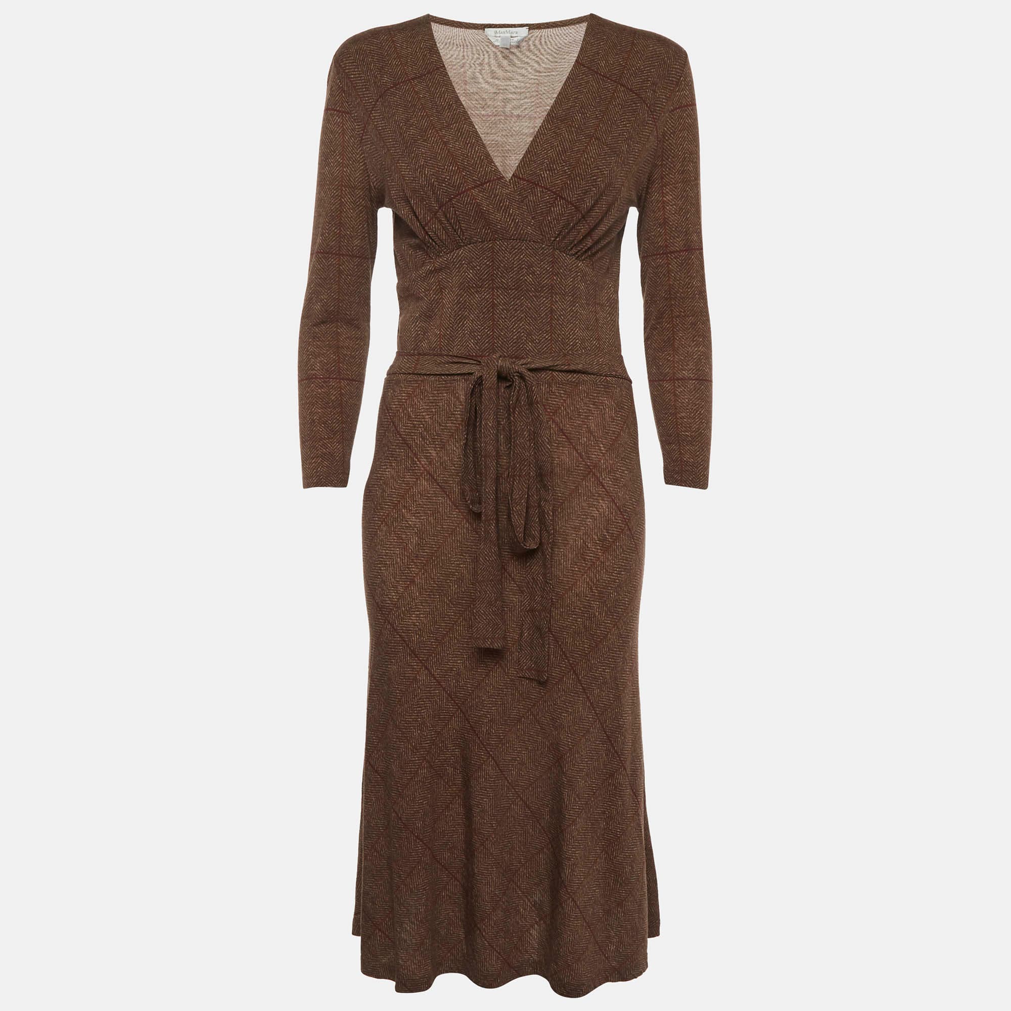 Max Mara Brown Herringbone Print Wool Blend Knit Dress M