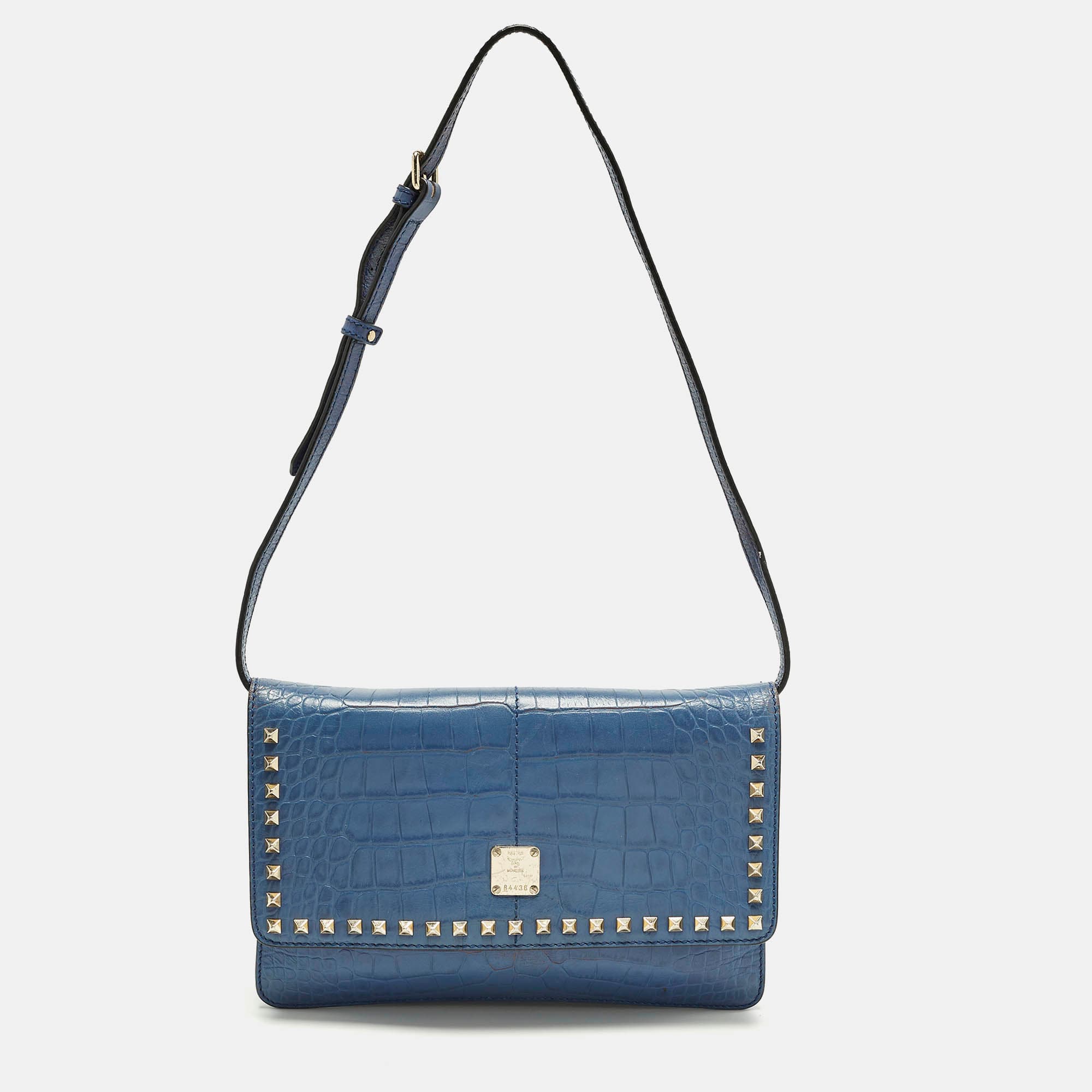 MCM Studded Blue Croc Embossed Leather Shoulder Bag