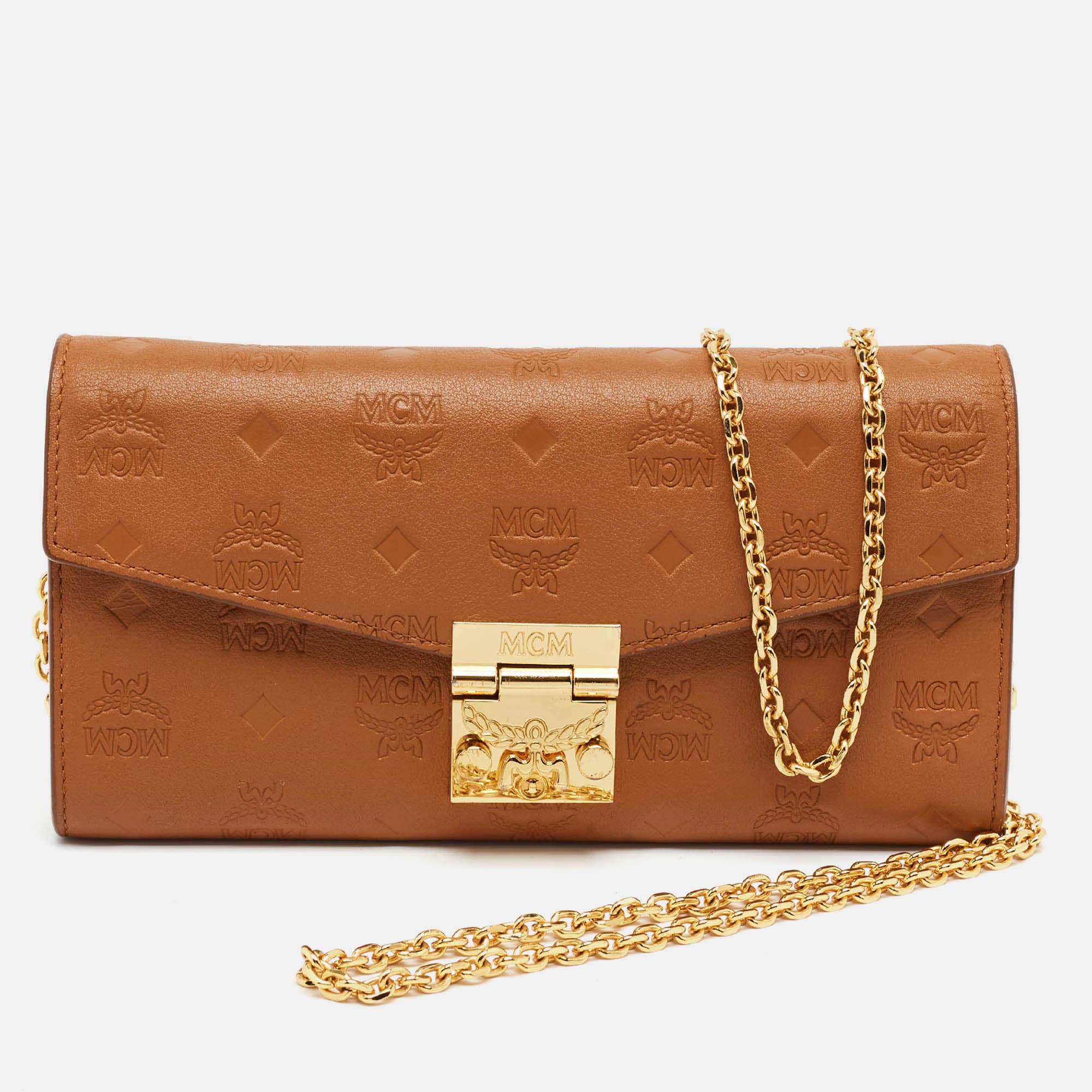 MCM Patricia Brown Logo Embossed Leather Wallet On Chain