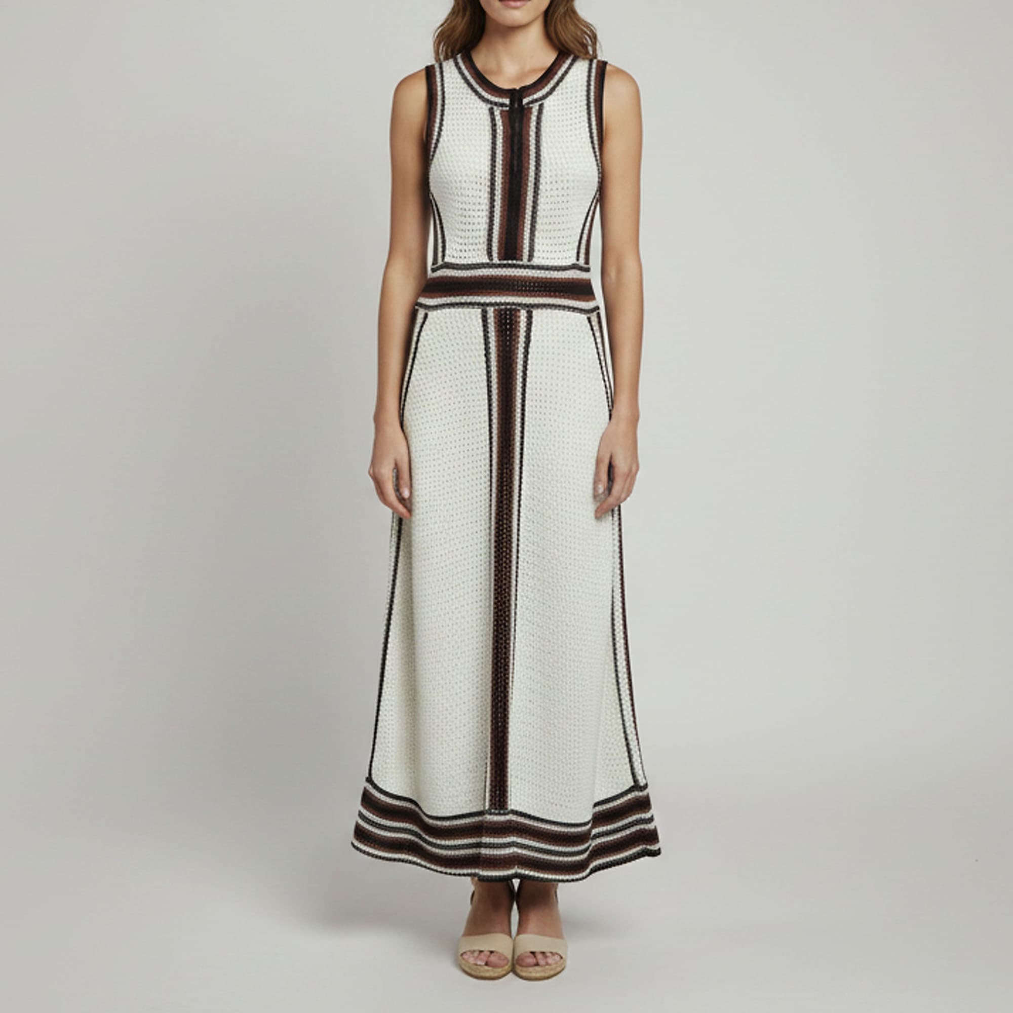 ME+EM White Striped Crochet Sleeveless Midi Dress S