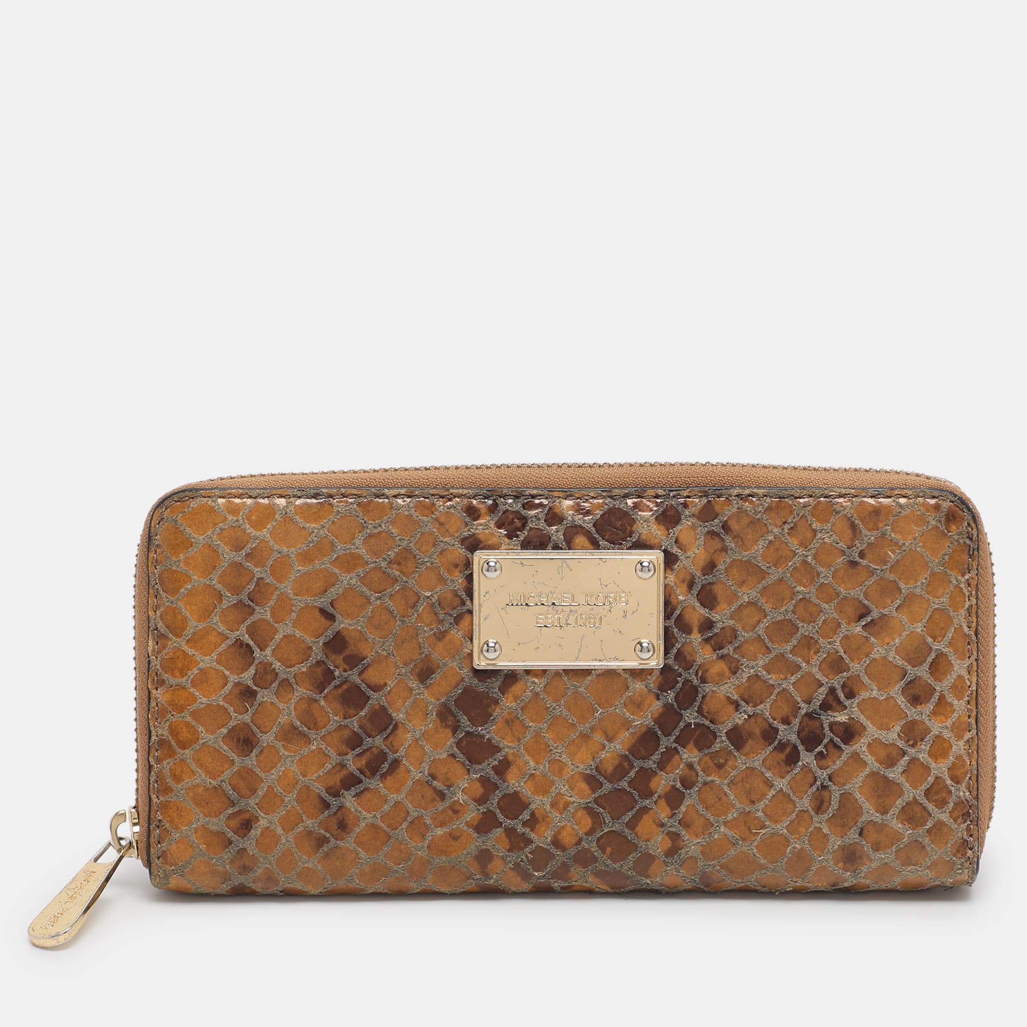 Michael Kors Jet Set Orange Snakeskin Embossed Leather Zip Around Wallets