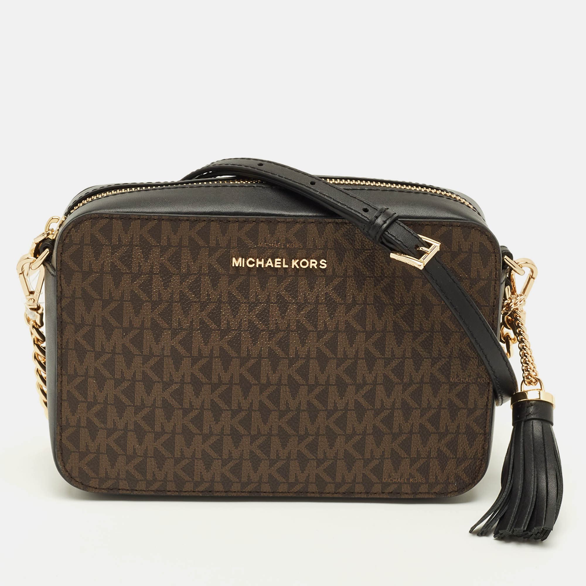 Michael Kors Jet Set Camera Tassel Brown/Black Signature Coated Canvas Crossbody Bag