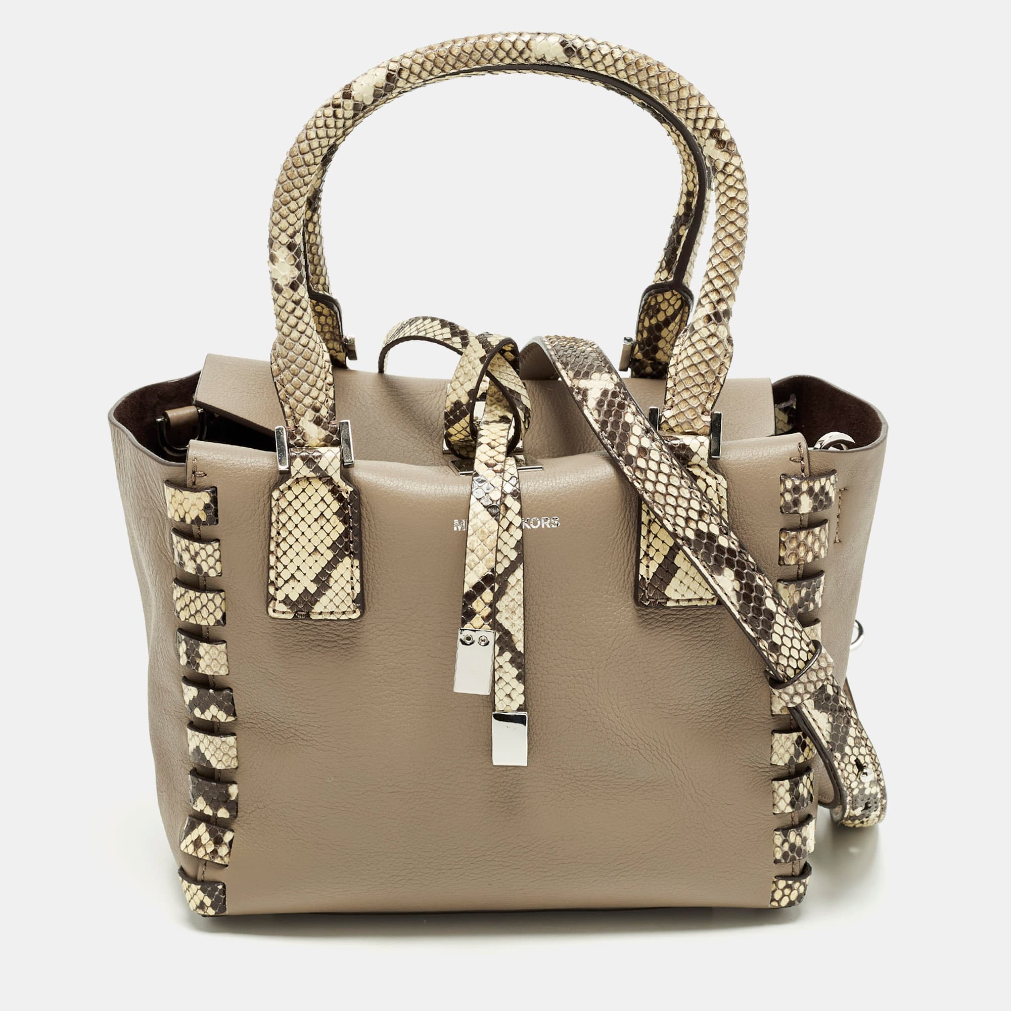 Michael Kors Miranda Mini Beige/Cream Leather and Python Trim Tote
