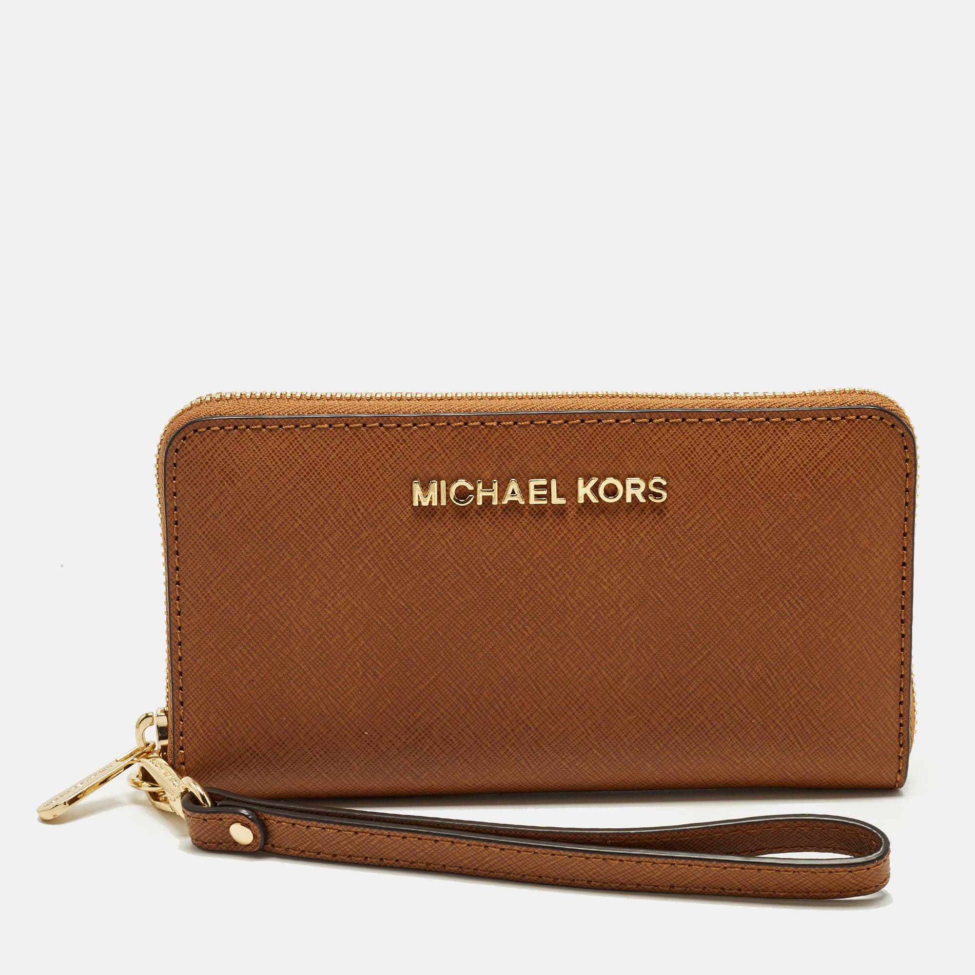 Michael Kors Jet Set Multifunction Phone Wristlet Brown Leather Wallet