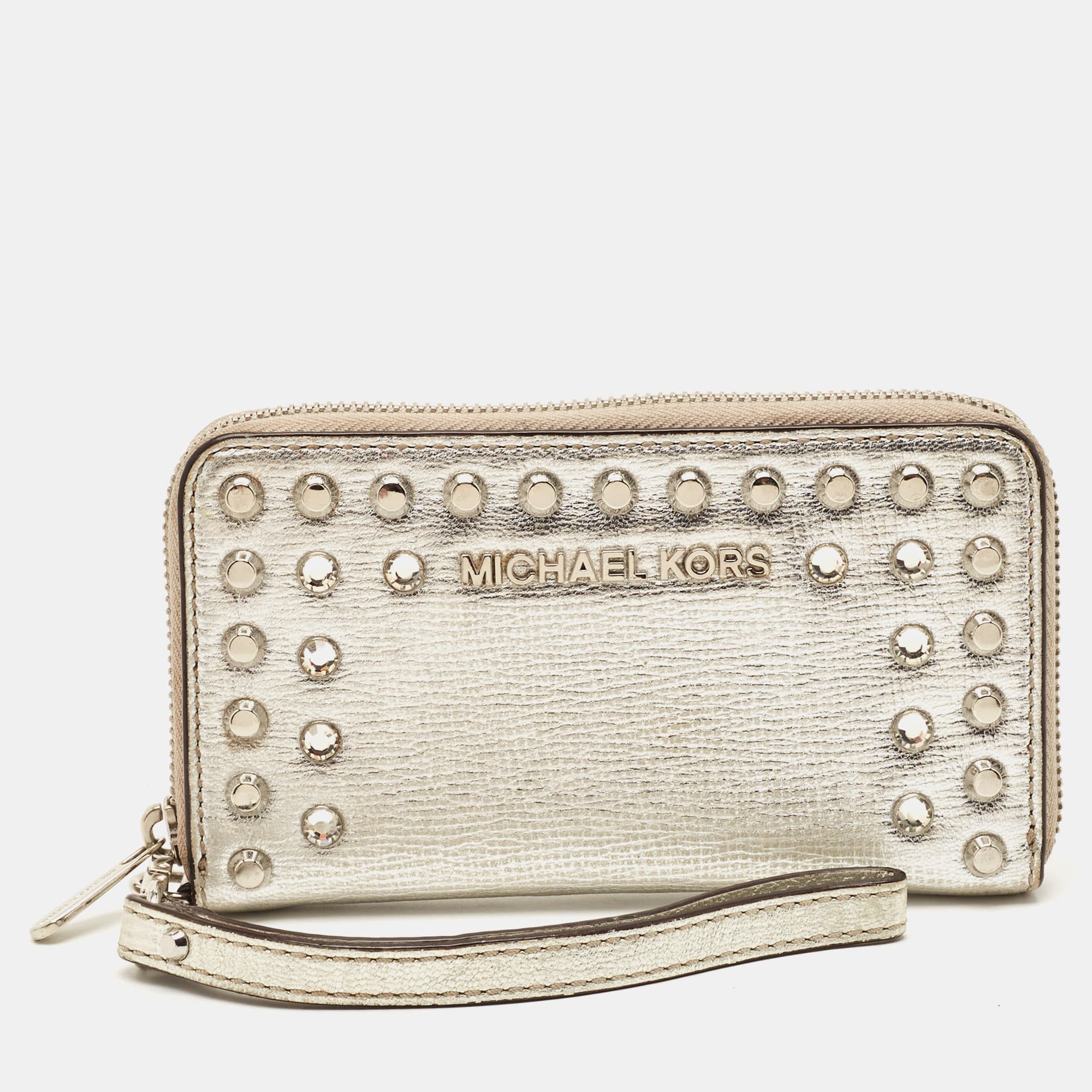 Michael Kors Studded Silver Leather Wristlet Wallet