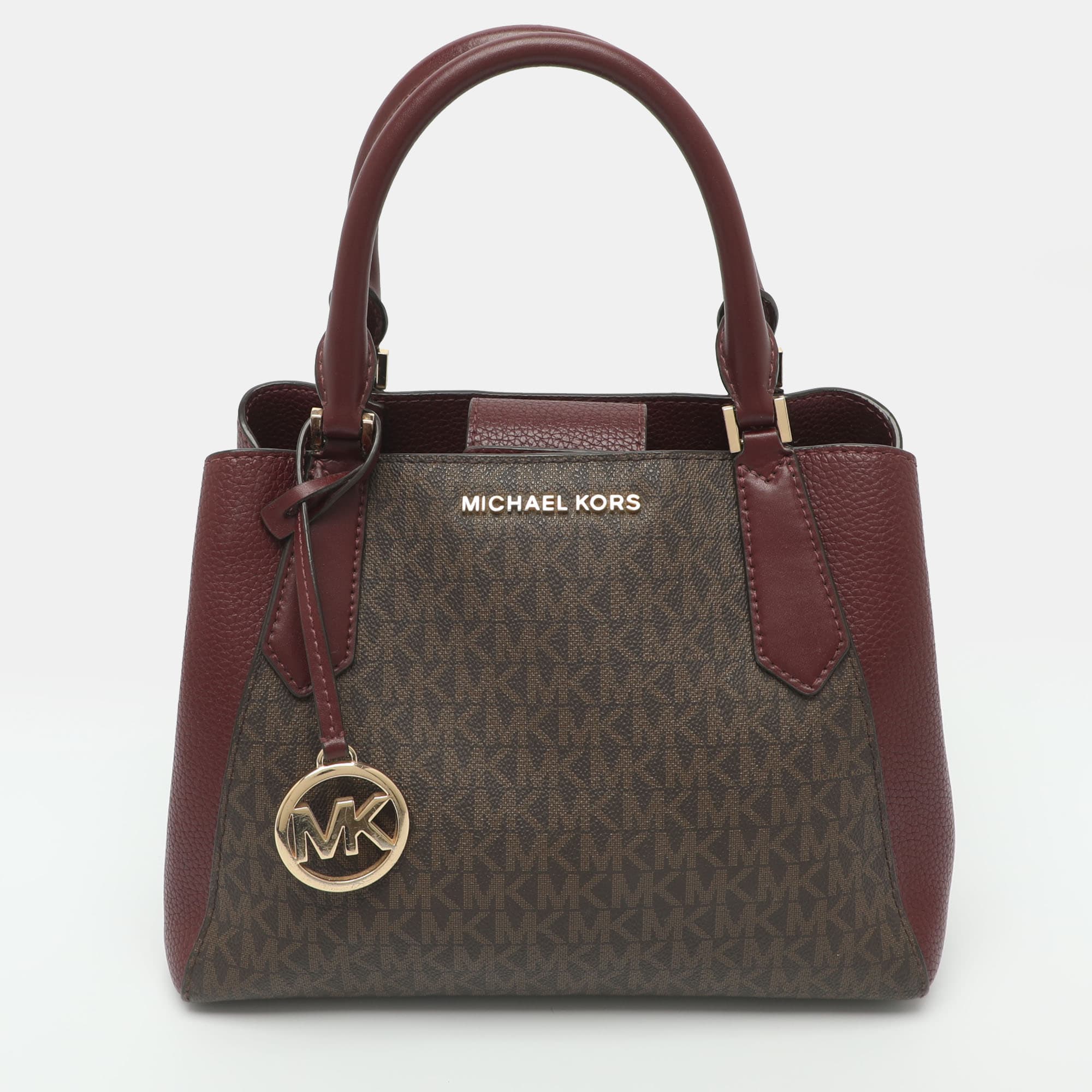 Michael Kors Kimberly Burgundy/Brown Signature Coated Canvas and Leather Satchel