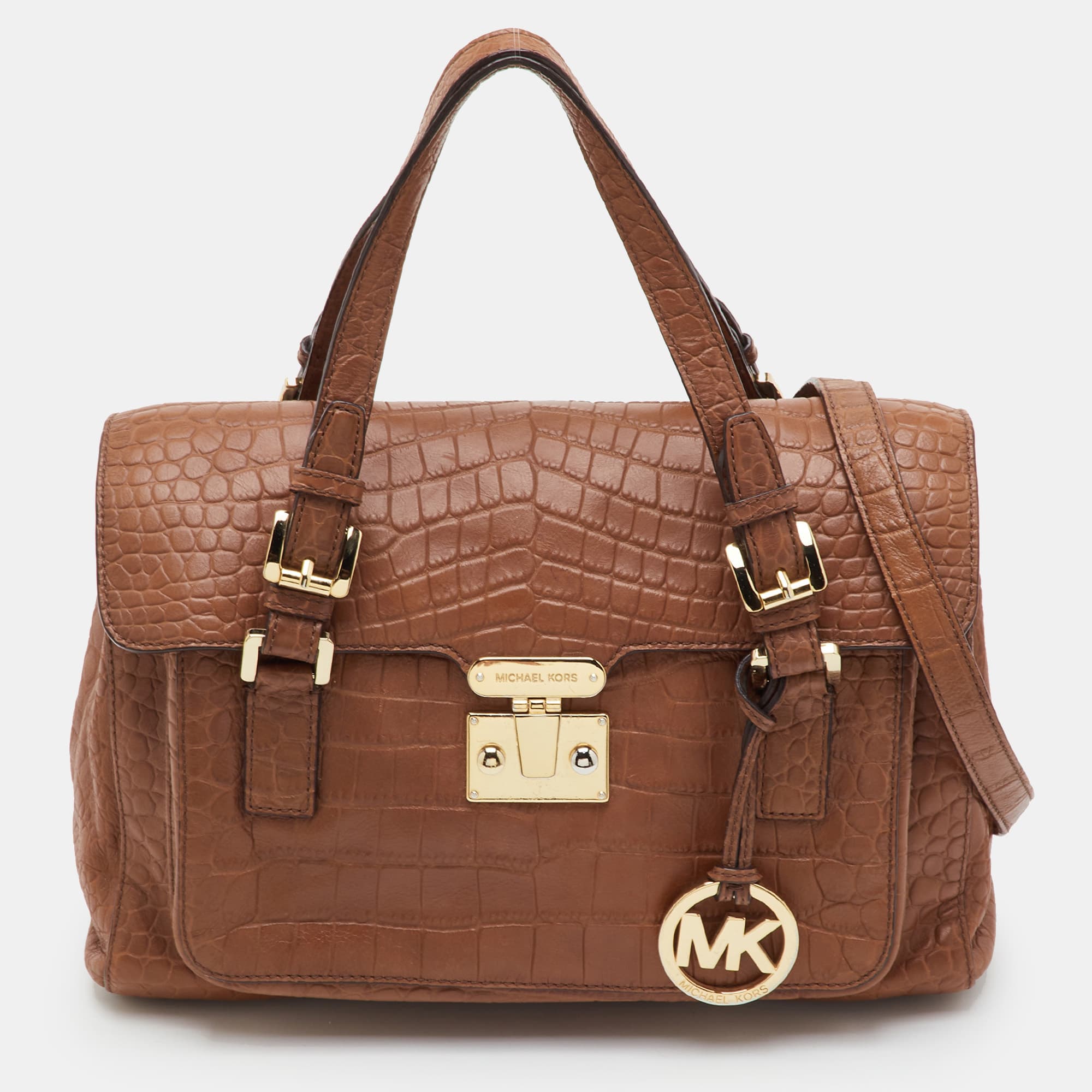MICHAEL Michael Kors Brown Croc Embossed Leather Flap Satchel