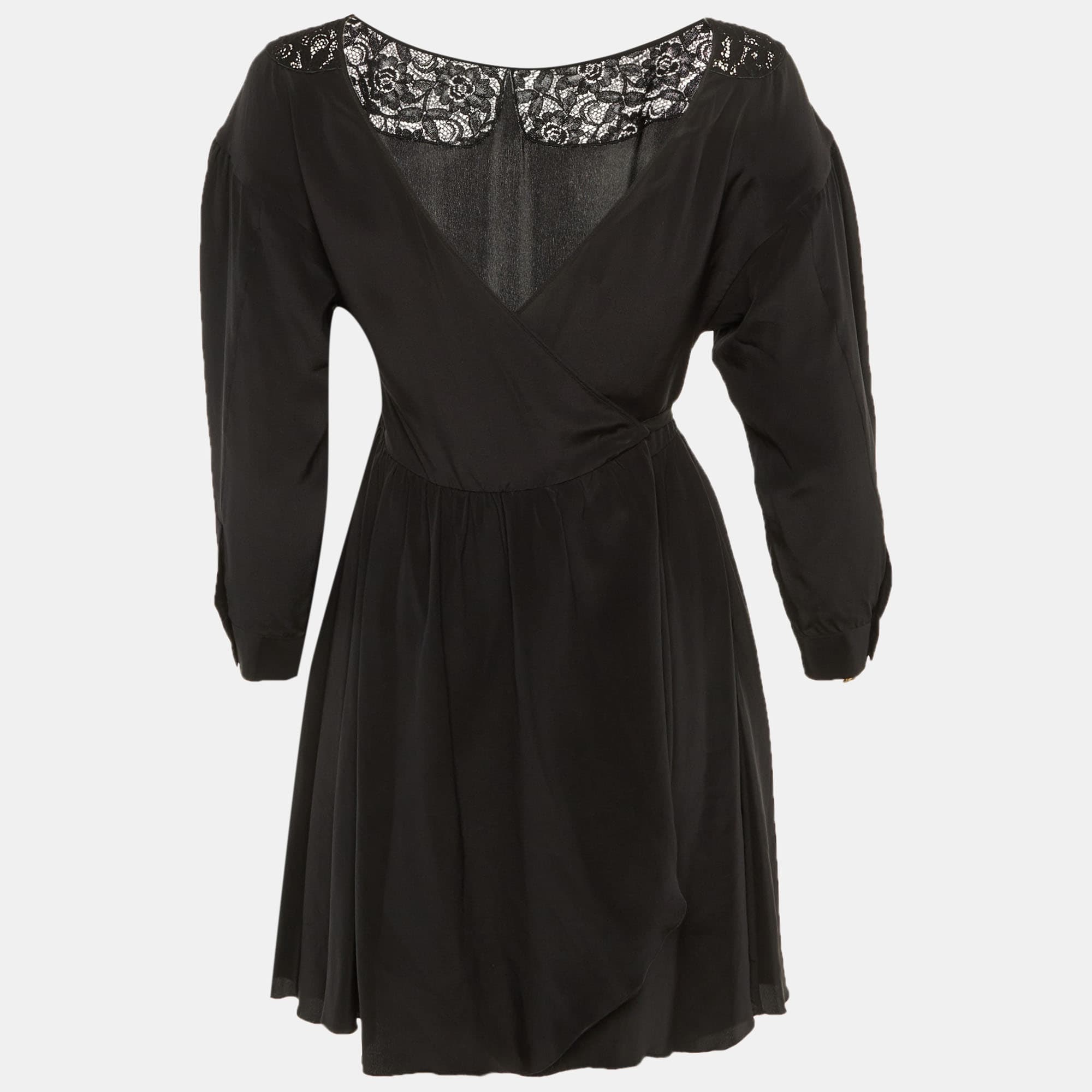 Miu Miu Black Silk Lace Detail Wrap Around Mini Dress XS