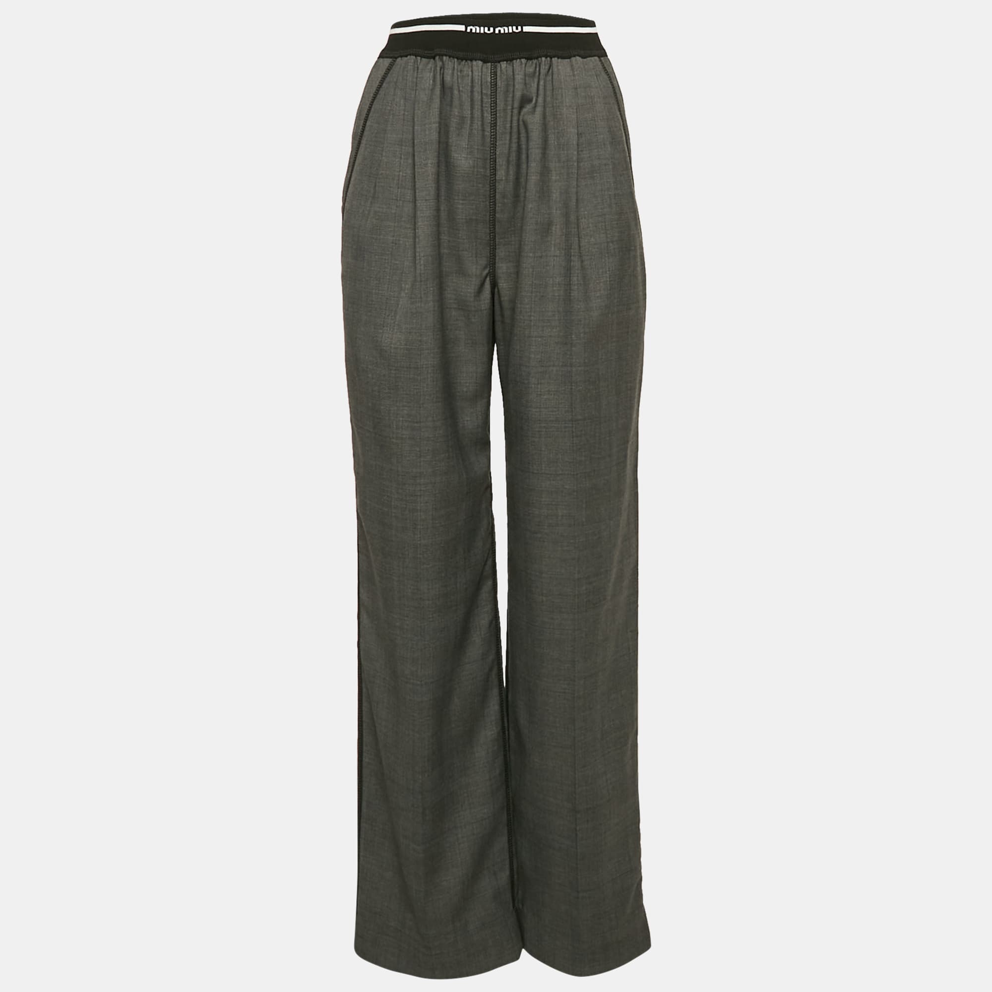 Miu Miu Grey Logo Ribbed Waistband Wool Trousers S