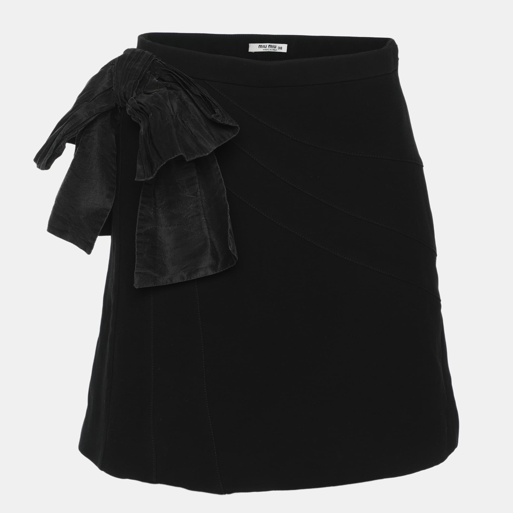 Miu Miu Black Crepe Bow Mini Skirt S