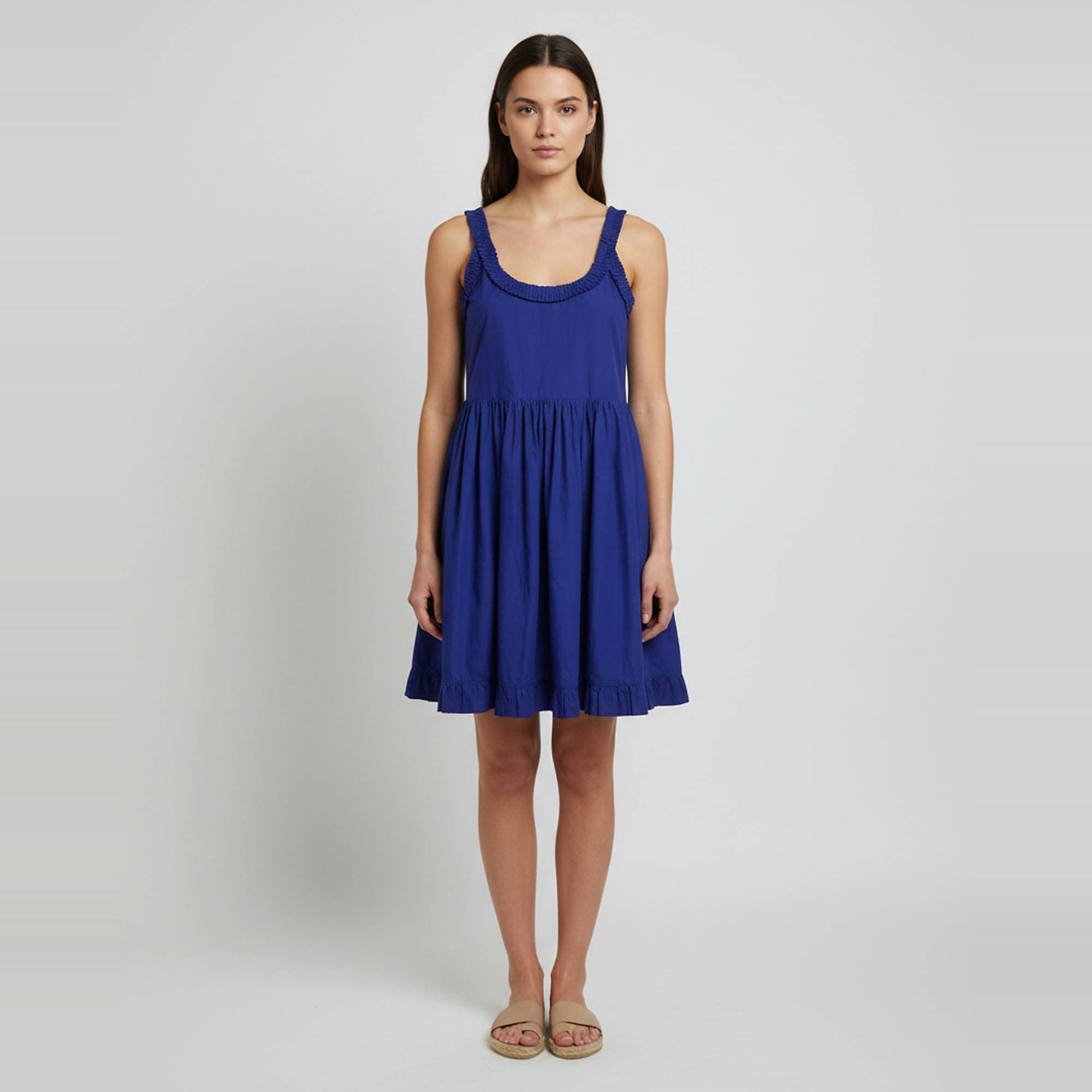 Miu Miu Blue Ruffle Trim Poplin Scoop Neck Mini Dress M
