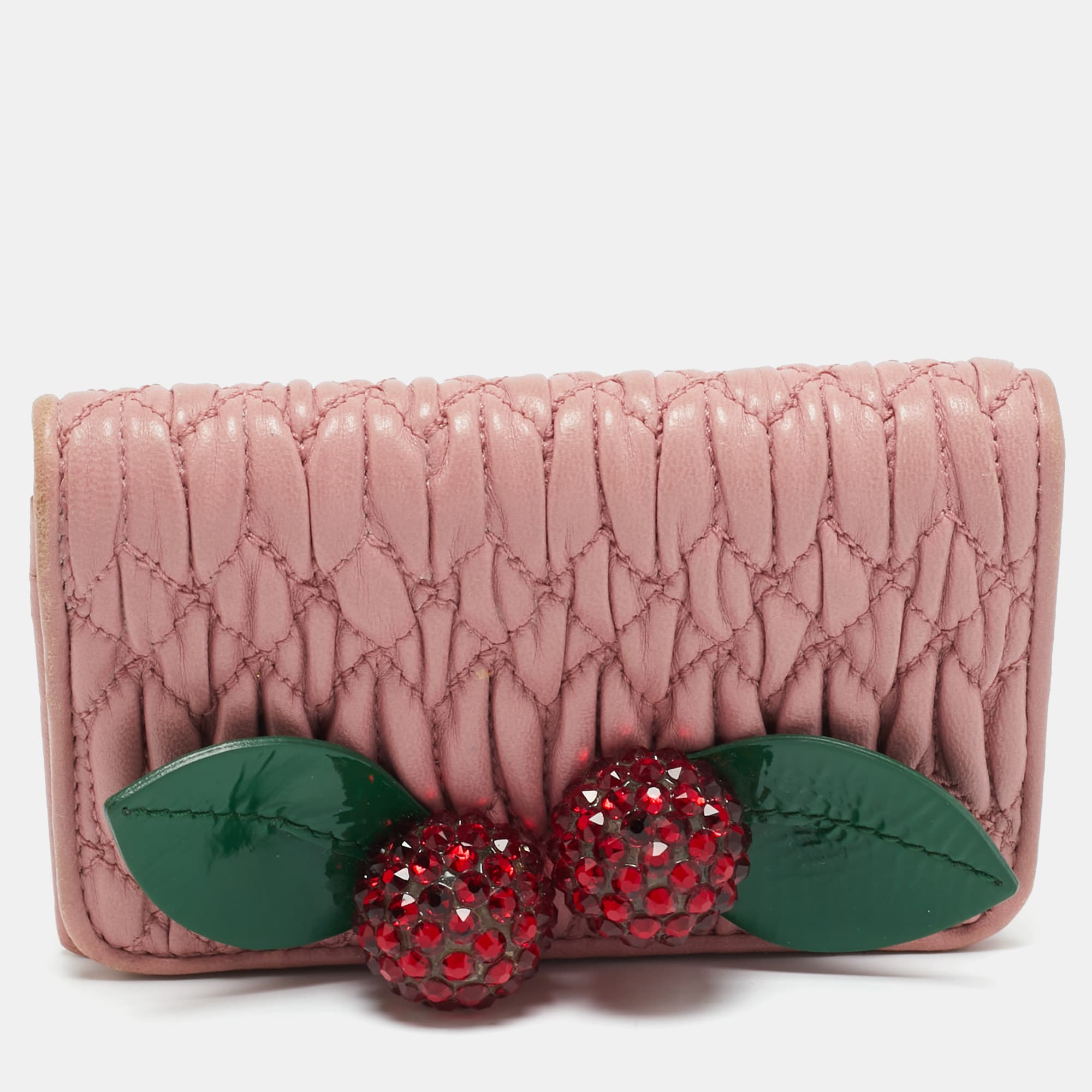 Miu Miu Crystal Embellished Pink Matelassé Leather Flap Card Case